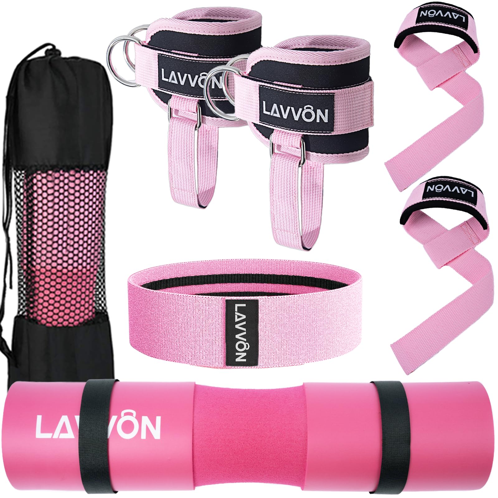 7Pcs-Barbell Pad Set for Hip Thrust - Squat Pad, Bench Press Workout Foam Weight Lifting Bar Cushion,Gym Accessories Women for Bar Bad,Ankle Straps,Hip Resistance Bands,Lifting Strap (Pink)