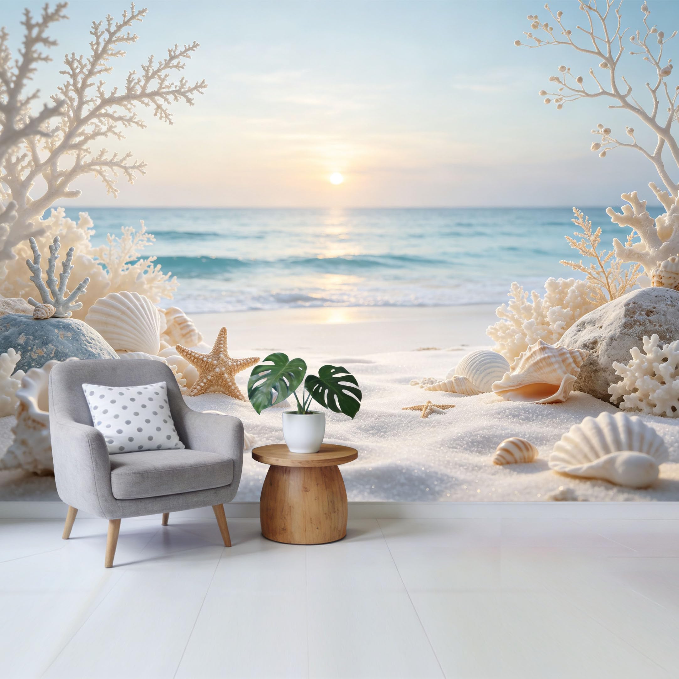 Qzlithotic Yq2605251161 Custom Size Wall Mural Coastal Sunset Ocean Beach Starfish Seashells White Coral Textured Selfadhesive Wall Fabric Removable Wallpaper For Home Office Decor
