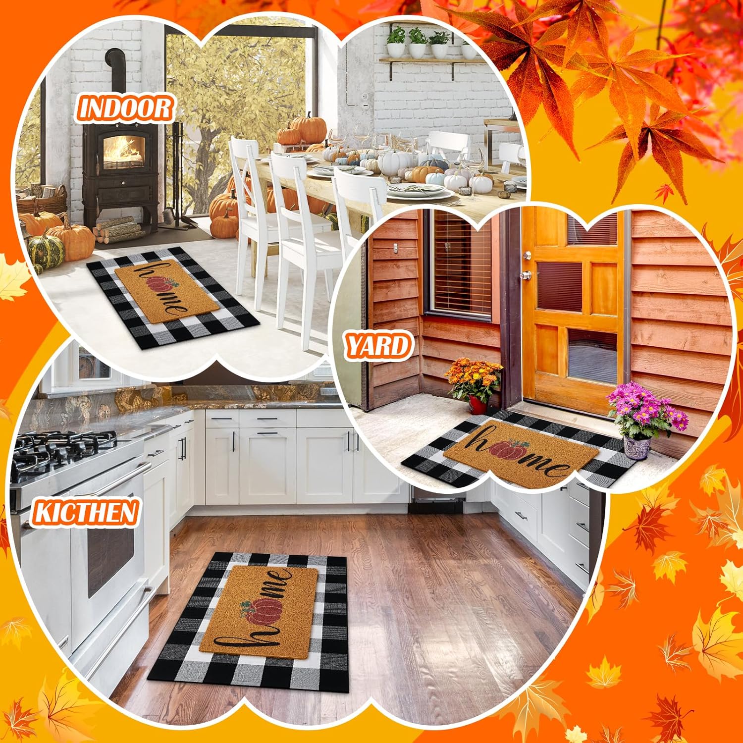Geelin 2 Pcs Fall Home Door Mat Pumpkin Welcome Mat Thanksgiving Front Door Outdoor Decorative Doormat Non Slip Black White Buffalo Checkered Rug for Indoor Outdoor (Home Pumpkin)