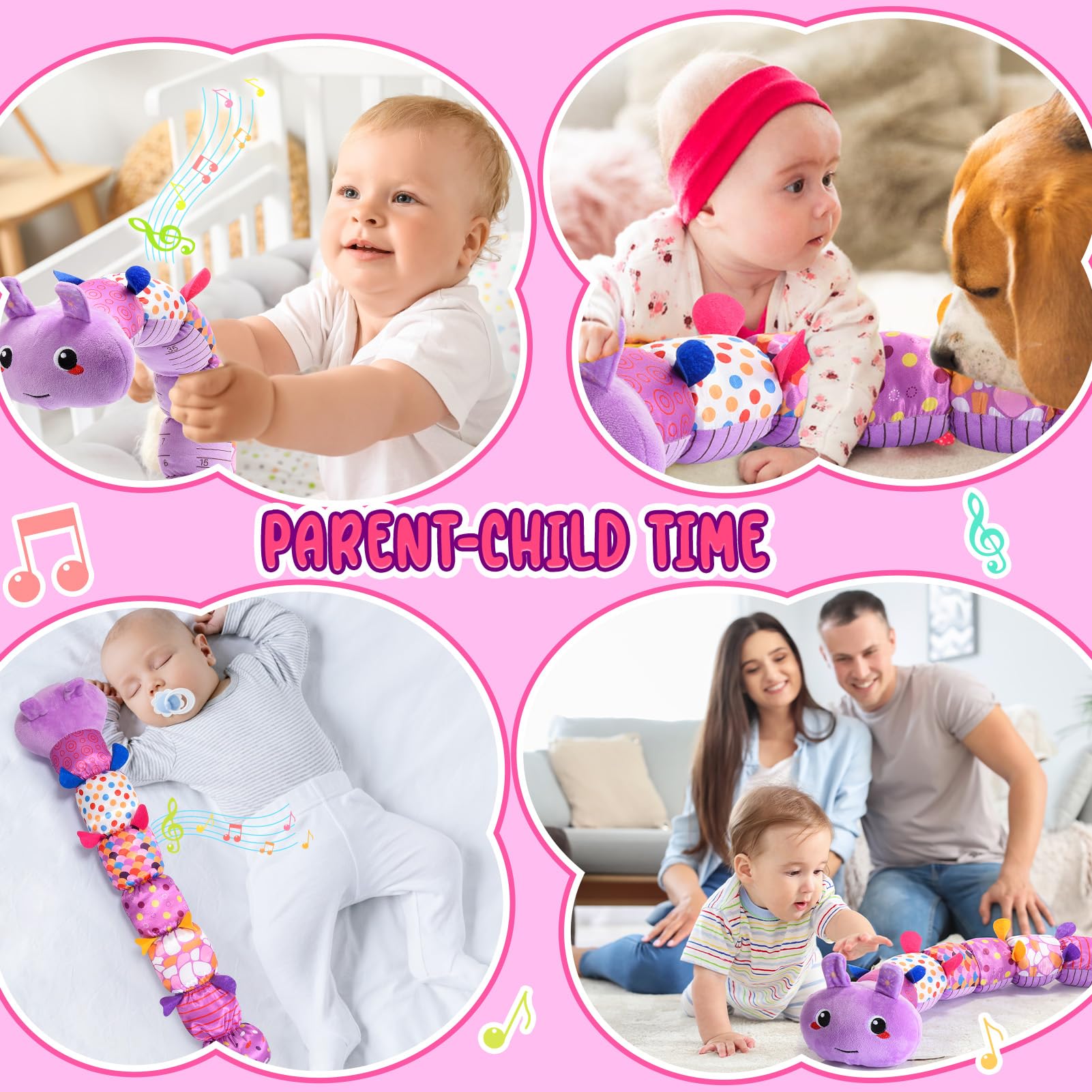 Toyzey Peluche Chenille Musicale Pour Bébé 0-6 Mois - Jouet D'Éveil Sensoriel Rose, Cadeau Naissance Fille Ou Garçon