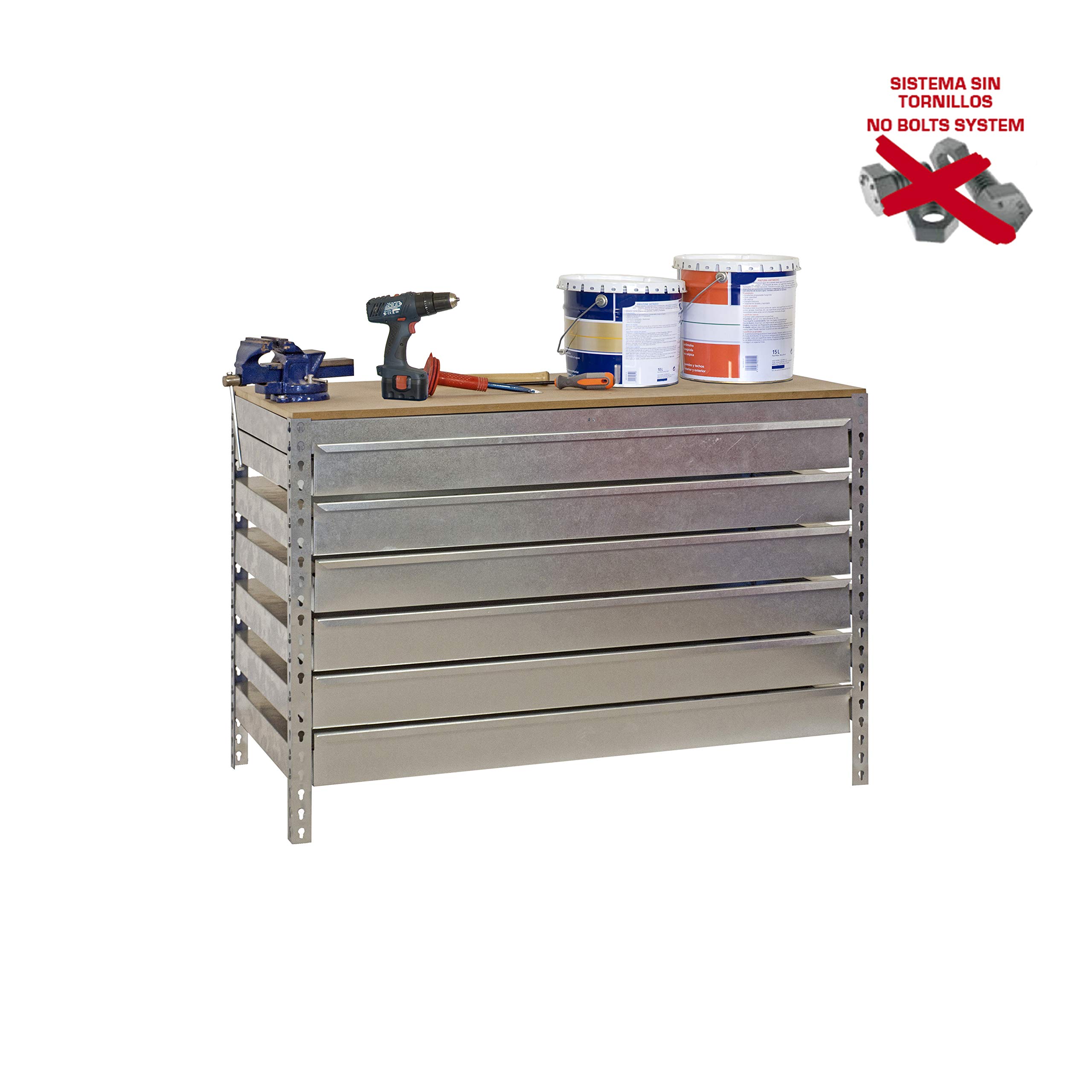 Simon Rack Banco de Trabajo Taller, Capacidad Carga 600 kg, 842x1510x760 mm, Mesa de Trabajo, 6 Cajones, Galva/Madera - BT5