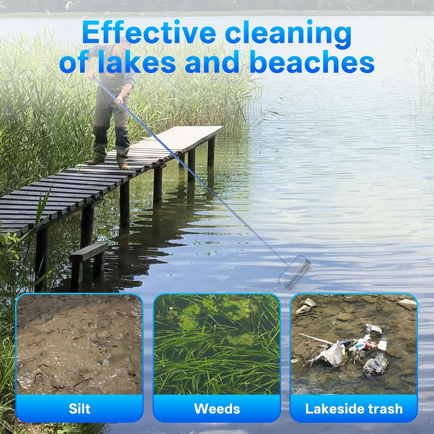 14ft Stainless Steel Lake Weed Roller, Beach Roller Lake Weed Remover, Rid Weeds Roots and Muck Buildup, 4 Aluminum Handles, 6 Preassembled Stainless Steel Blades, Easy Assembly with Gloves Attached