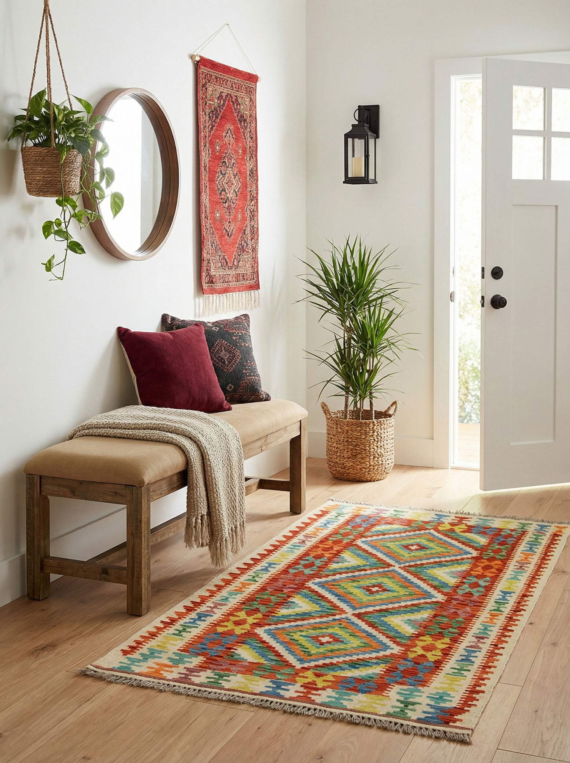 Tapis Kilim 100 % laine 149 x 100 cm, fabriqué à la main, pièce unique de style Herat Boho multicolore, tissu plat, tapis d'entrée et chambre
