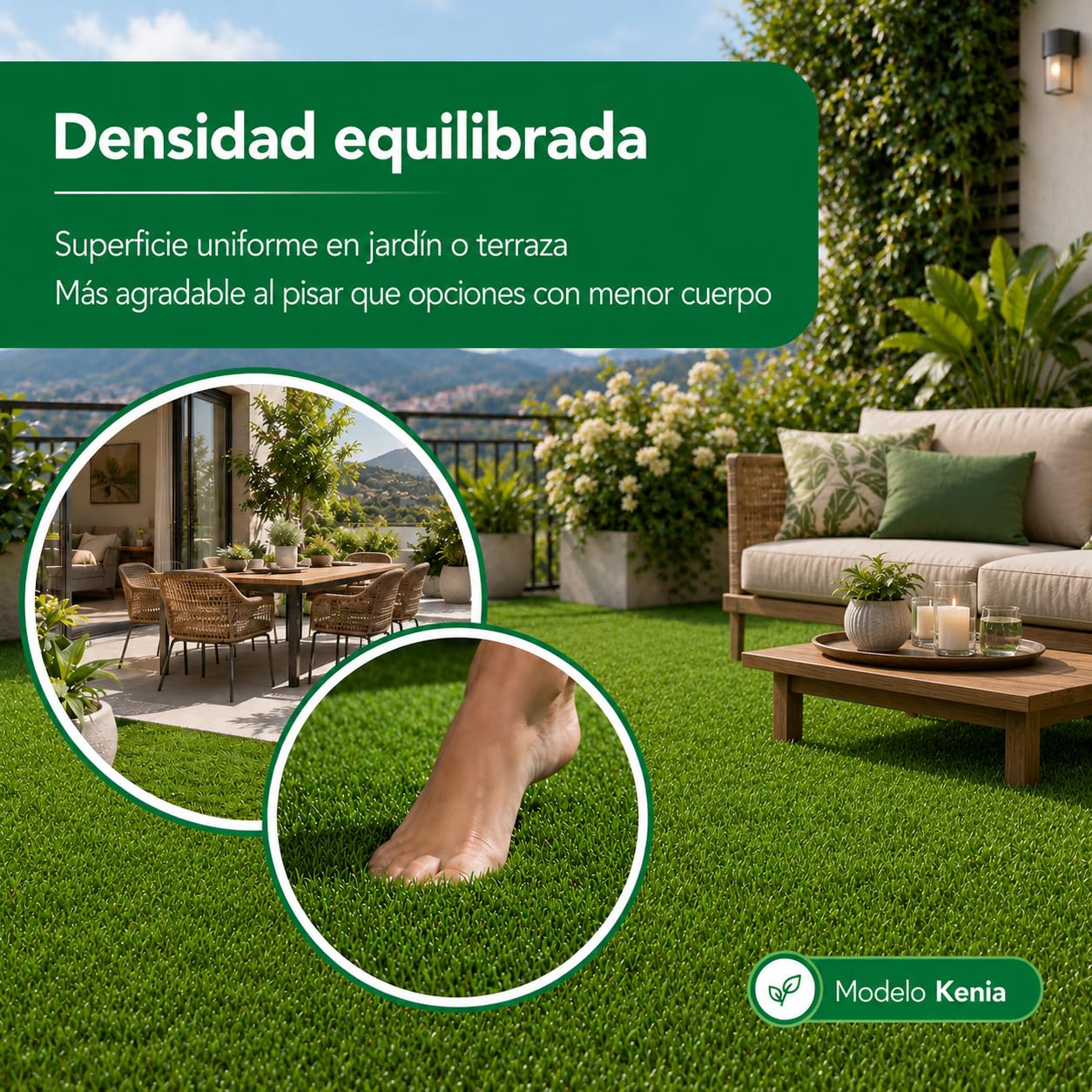 Césped Artificial KENIA 40 mm - Realismo, Durabilidad y Confort para Jardines y Terrazas - 14.700 DTEX - Drenaje de 800 l/h/m² - Rollo 2x5 Metros