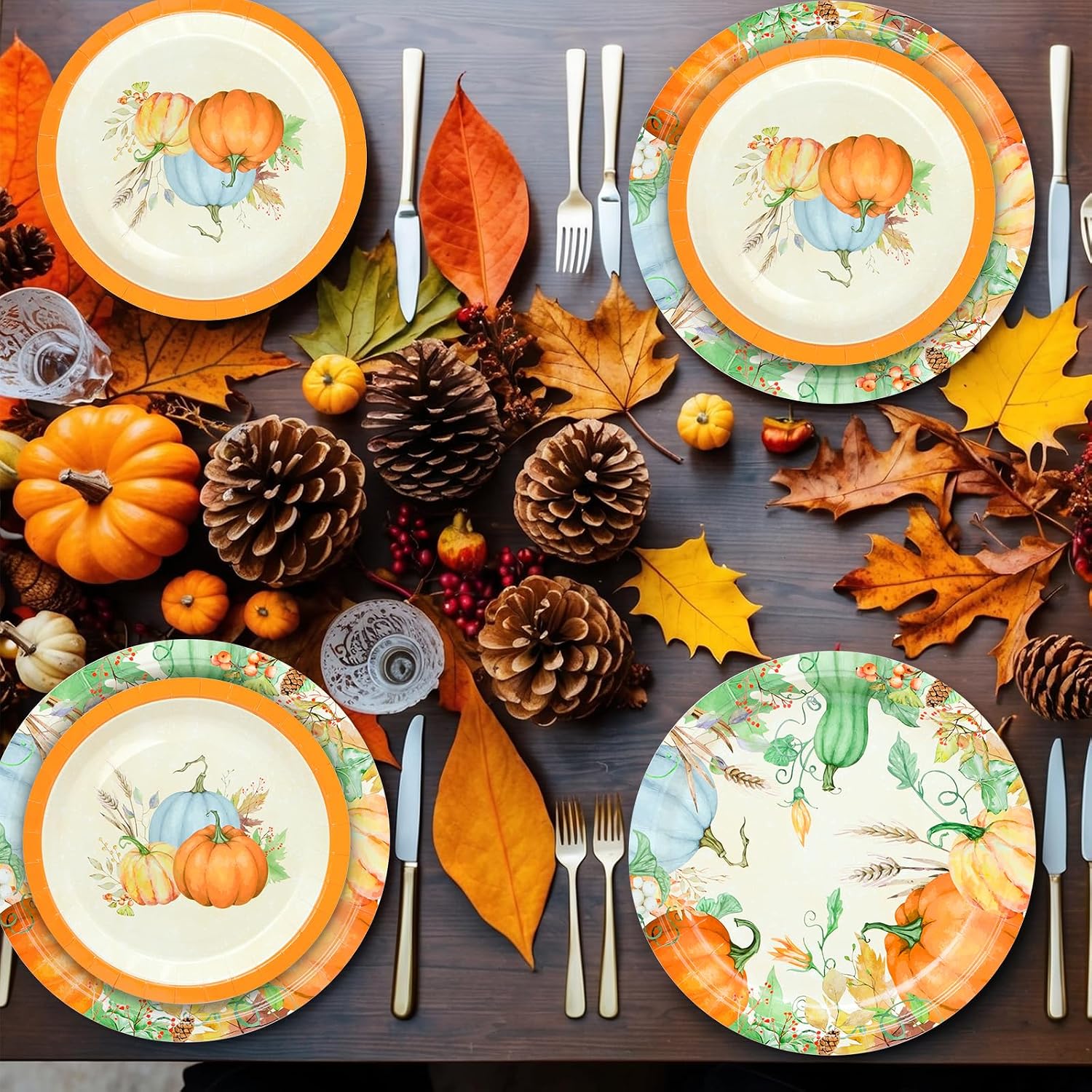 ZVK Thanksgiving Party Paper Plates Set Disposable 100 Count Fall Pumpkin 7" Dessert Plates, 9" Dinner Plate for Autumn Harvest, Fall Festivities