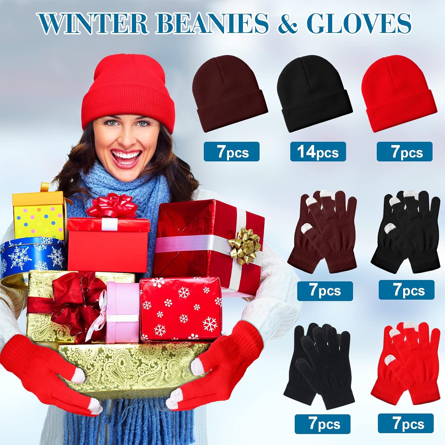 Kenning 56 Pcs Winter Beanies and Gloves Combo Kit Include 28 Pair Winter Gloves 28 Pcs Knitted Beanies Unisex Hats for Adult