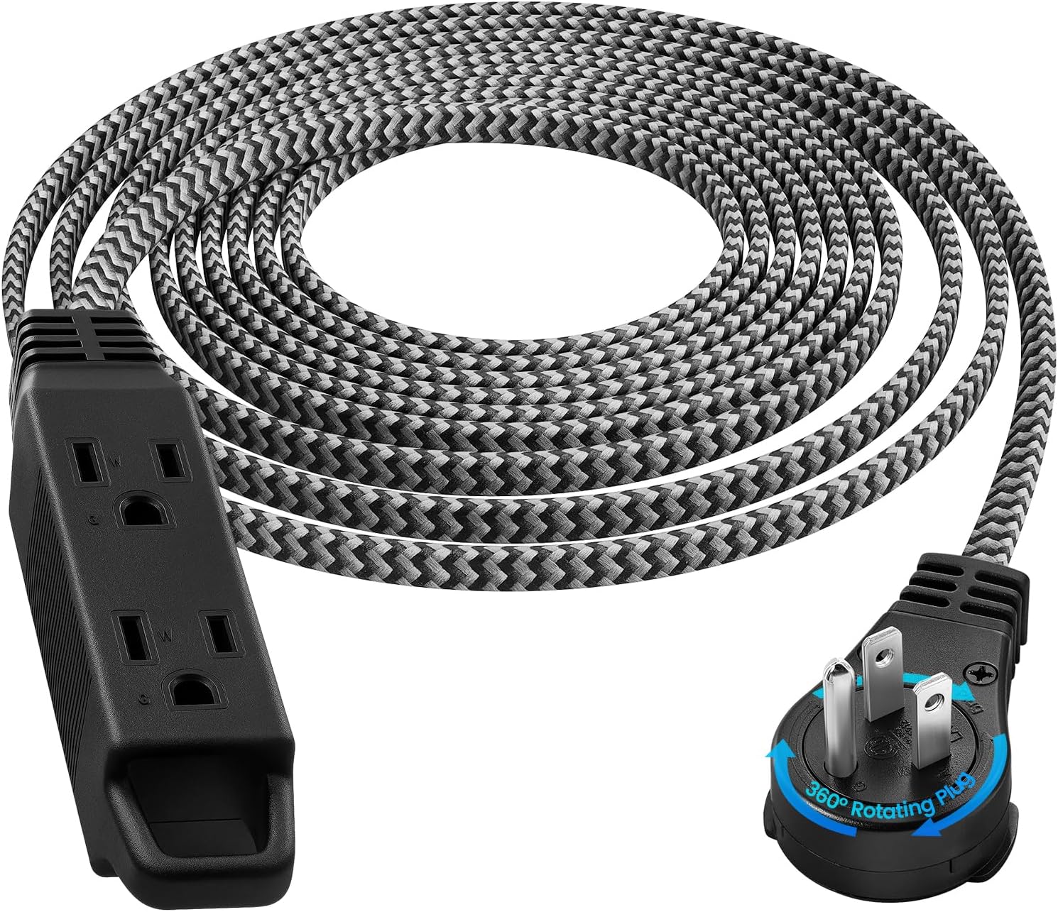 SURAIELEC 15FT 360° Rotating Extension Cord with Multiple Outlets, 3-Outlet Braided Flat Wall Plug, 16 AWG Thin Black Extension Cord for Indoor Lights, Small Spaces, Right Angle Socket, ETL Listed