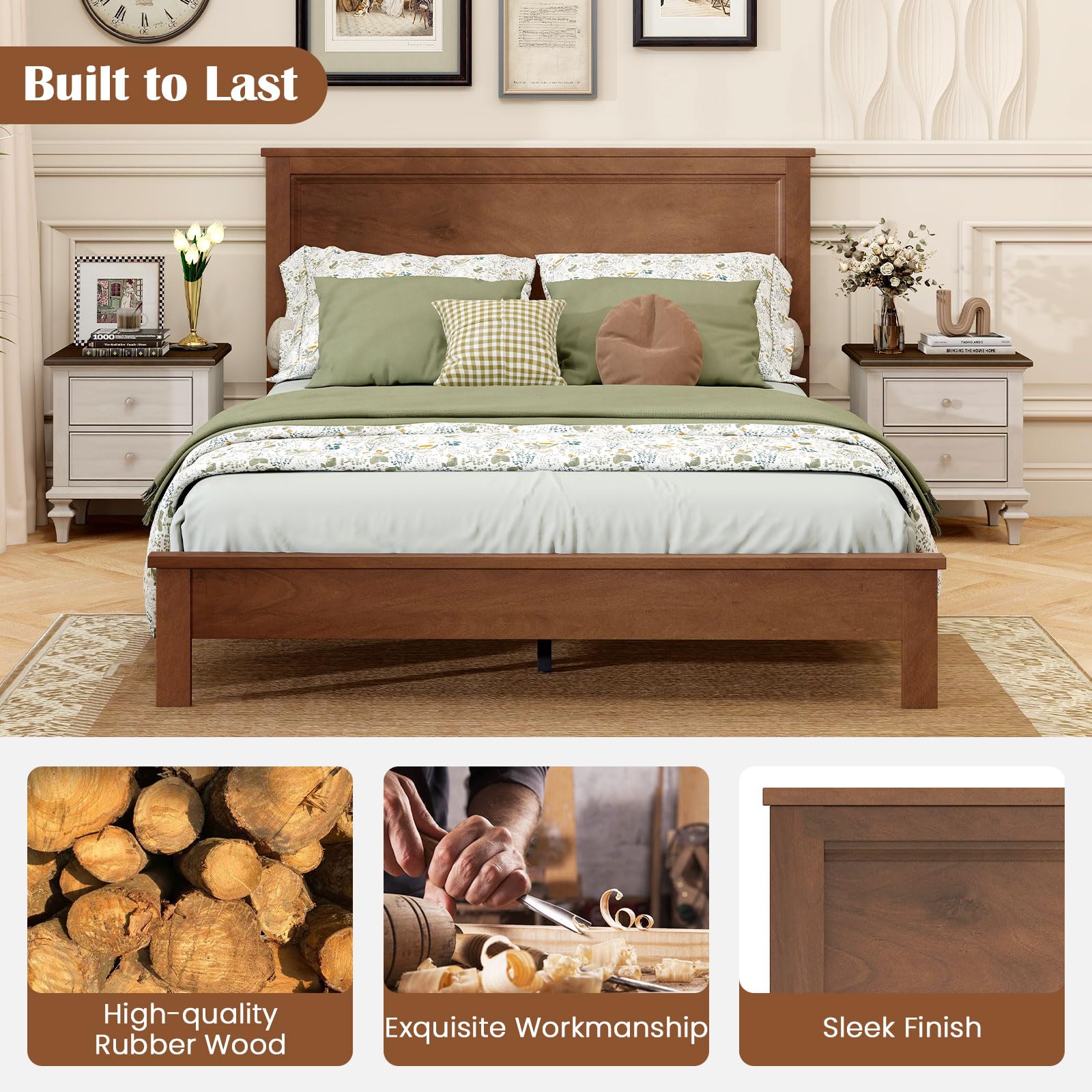 Amazon.com: GOFLAME Queen Size Wood Bed Frame, Mid-Century Modern