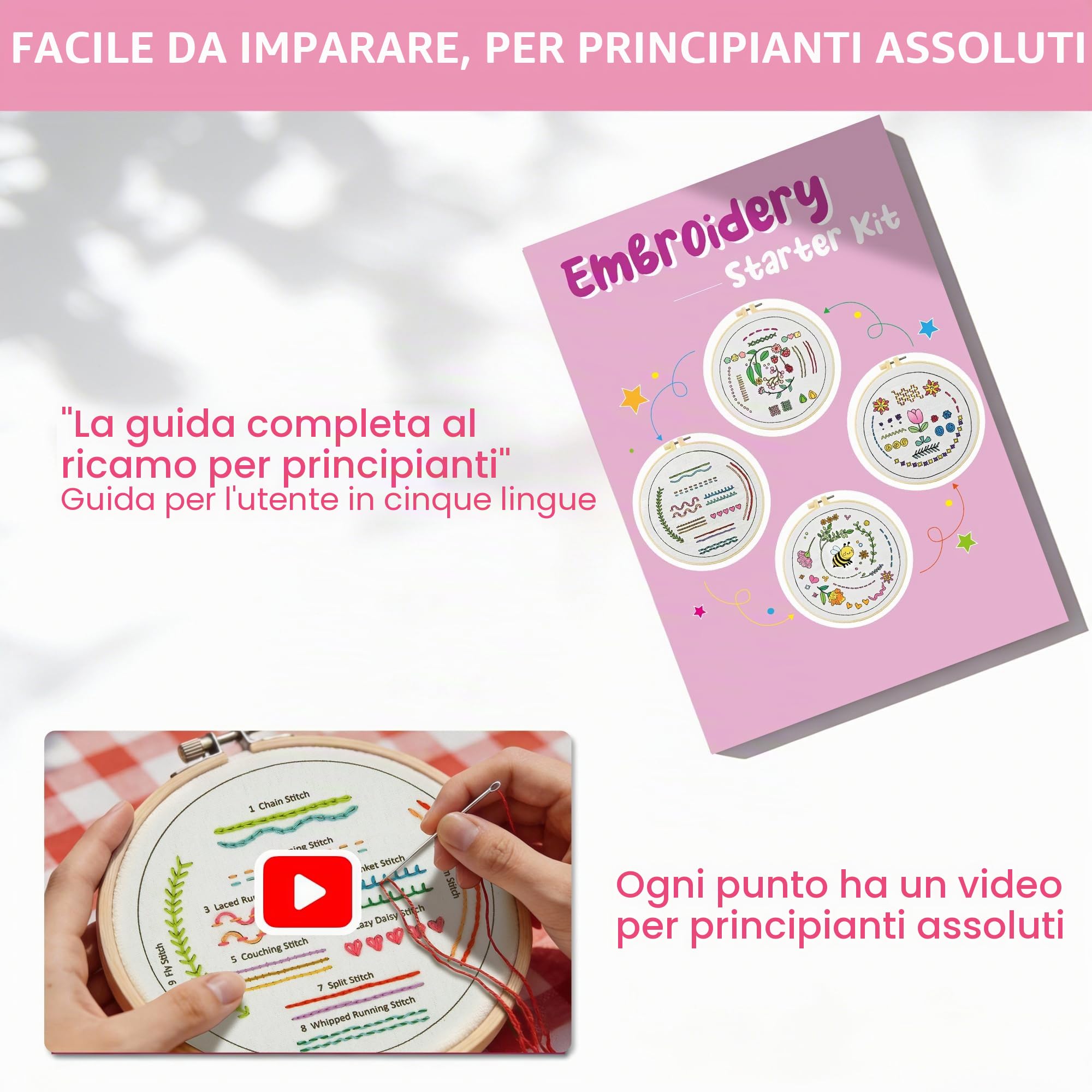 MAKEASY Set da Ricamo, Kit di Base per Ricamo, Include 33 Punti, Telaio per Ricamo in Bambù e Tutorial Video, Strumenti per Punto Croce per Adulti Principianti
