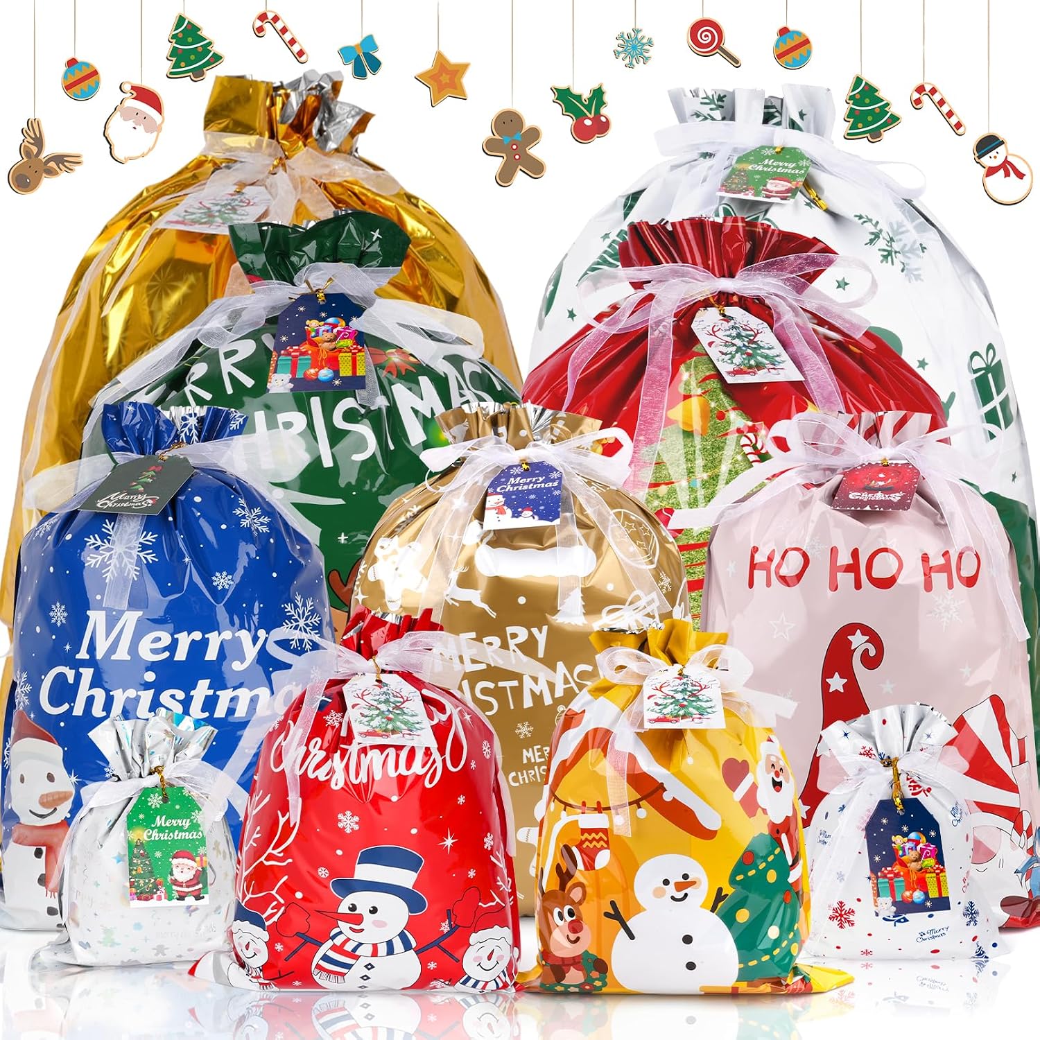 Aottom Christmas Drawstring Gift Bags - 30 Packs Assorted Sizes Christmas Wrapping Bags (Small, Medium, Large, Jumbo) with Colorful Tags, Bulk Foil Wrap Bag for Xmas Presents & Party Favors