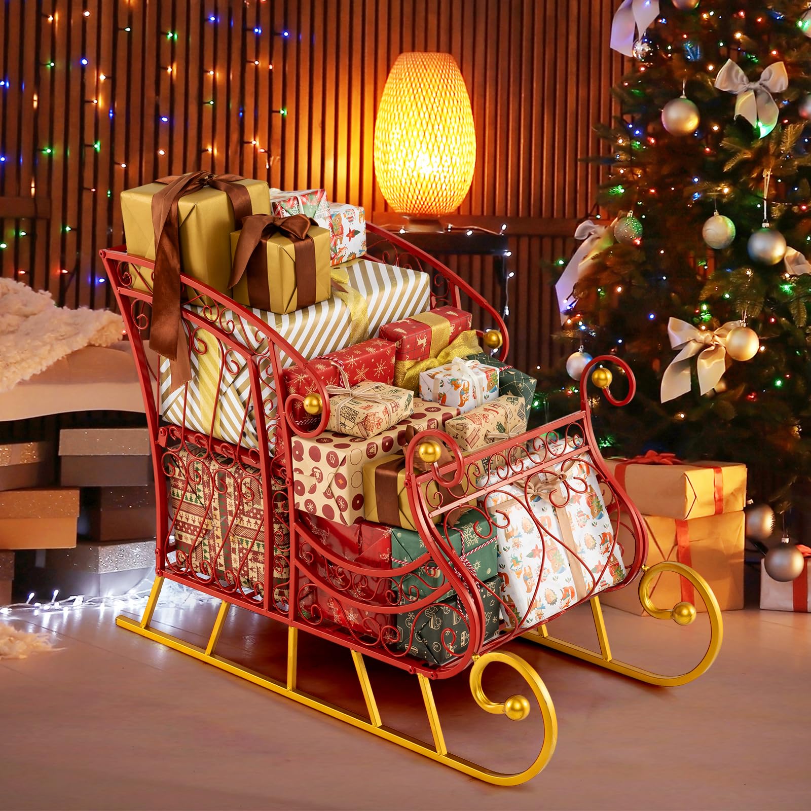 SOARS Decorazioni Natalizie, Slitta Natalizia in Metallo, Ampio Spazio per Regali di Natale, Giocattoli, Stabile, Addobbi Natalizi per Esterno Interno per Casa, Ufficio (85 X 42 X 61,5 CM)