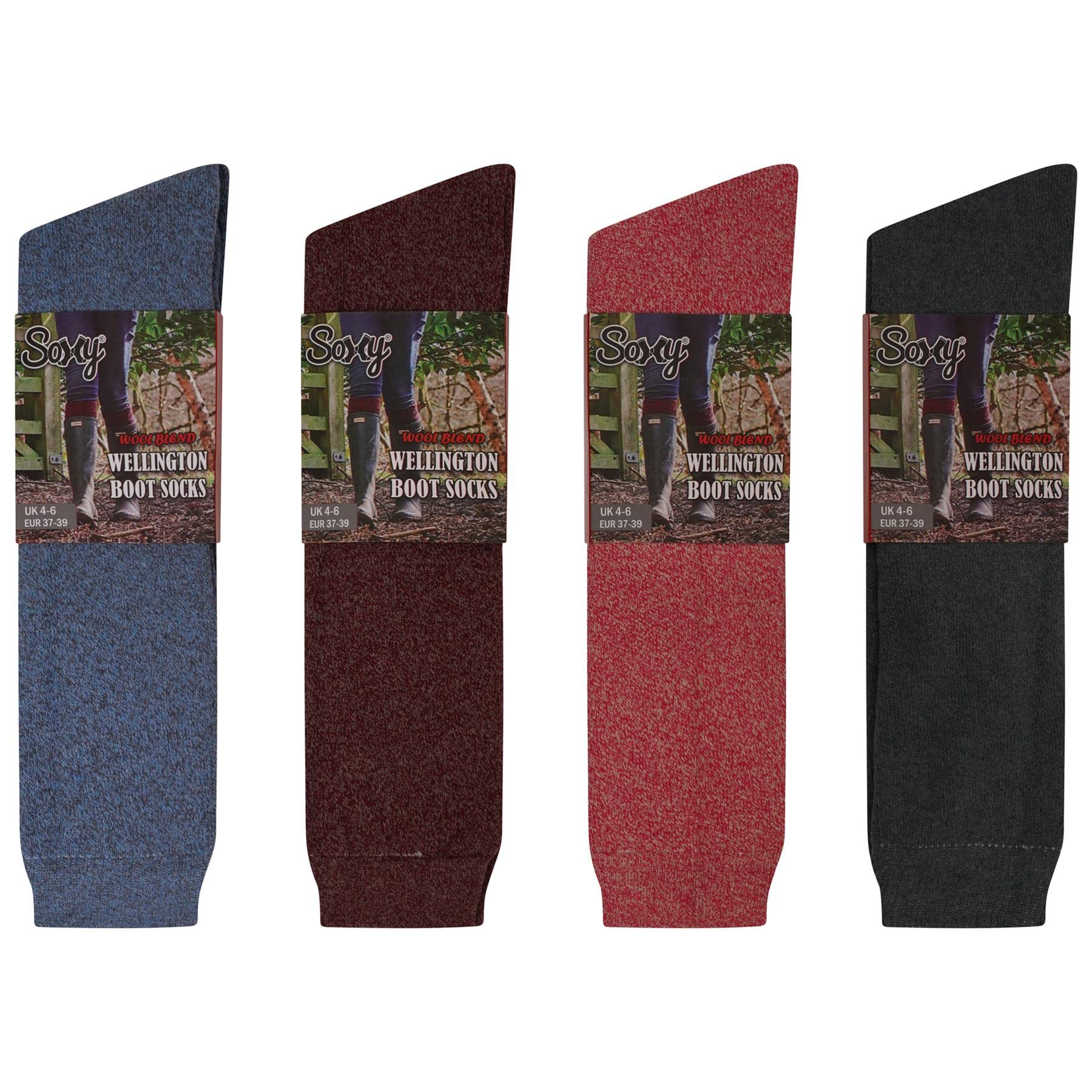 Soxy Women's Multi Wool Blend Long Wellington Boot Socks - 4 Pack - Welly Socks - The Original Wellie Sock - Festival Walking Hiking Thermal Socks - Assorted Colours - Uk Shoe Size 4-6