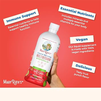 MaryRuth Organics, Liquid Morning Multivitamin Essentials+, Essential Vitamins & Minerals, Sugar Free, Fruit Punch Flavour, 946ml, Vegan, Gluten Free