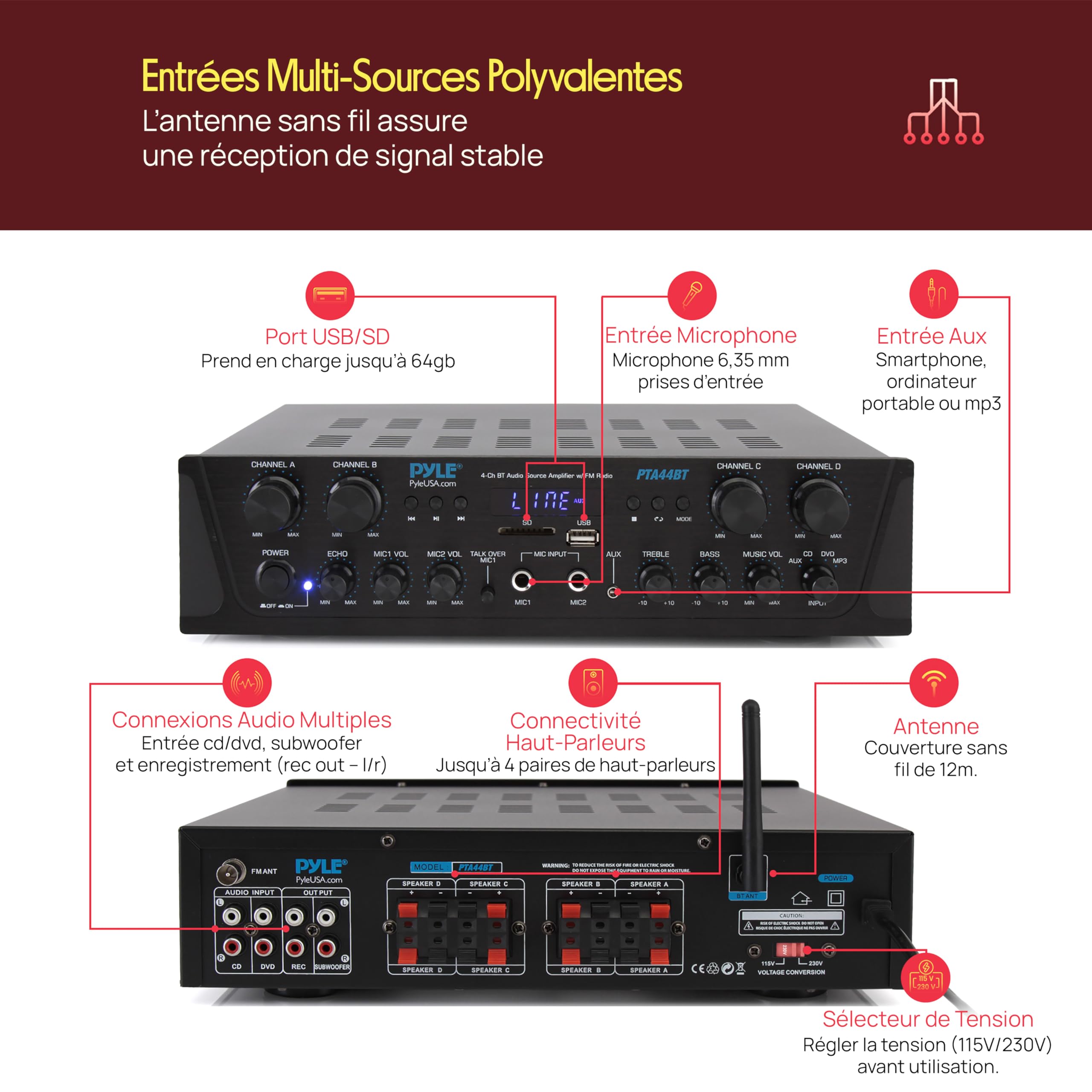Pyle Ampli Bluetooth Karaoké sans Fil 500W - Récepteur Audio Stéréo 4 Canaux avec AUX, Radio FM, Subwoofer RCA, USB, Microphone avec Écho, 500W sous 4-8 Ohms, idéal pour Studio Musique