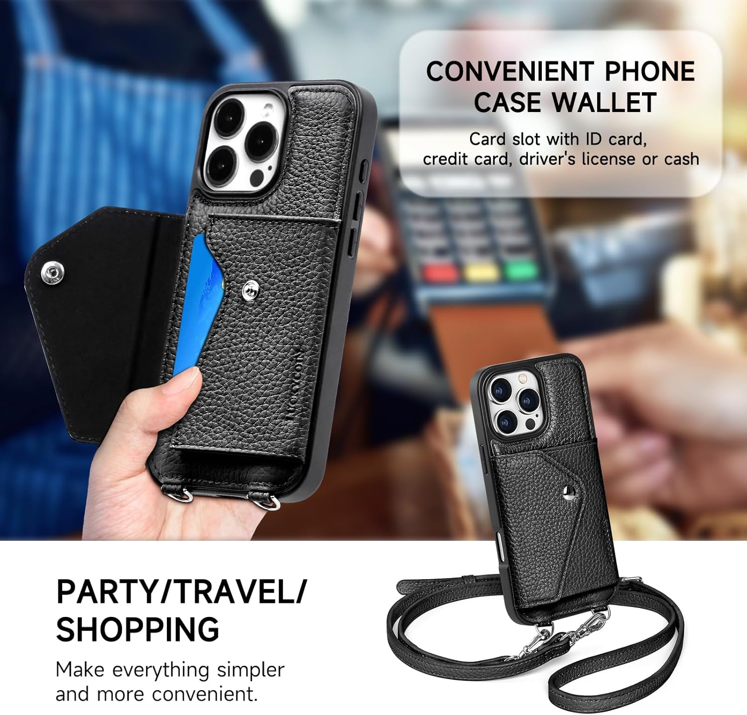 LUCKYCOIN Crossbody Wallet Phone Case for iPhone 16 Pro Max, Genuine Phone Case with Expandable Wallet Card Holder & Adjustable Removable Crossbody Strap, Phone Purse with Card Slot - Pebble Black - Image 5