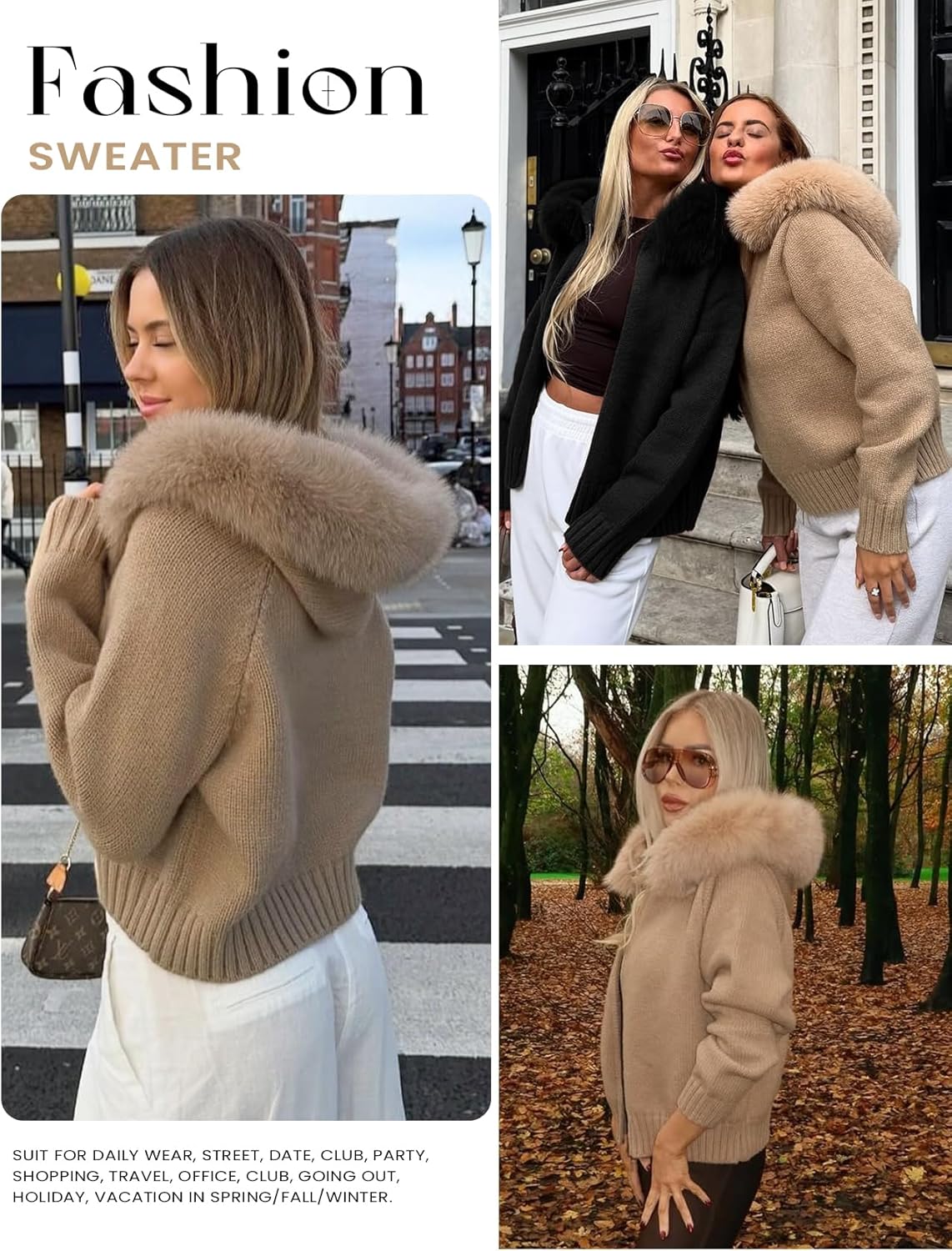 Yimoon Faux Fur Hooded Cardigan Sweaters for Women Open Front Zip Up Chunky Knit Cardigan with Fur Hood