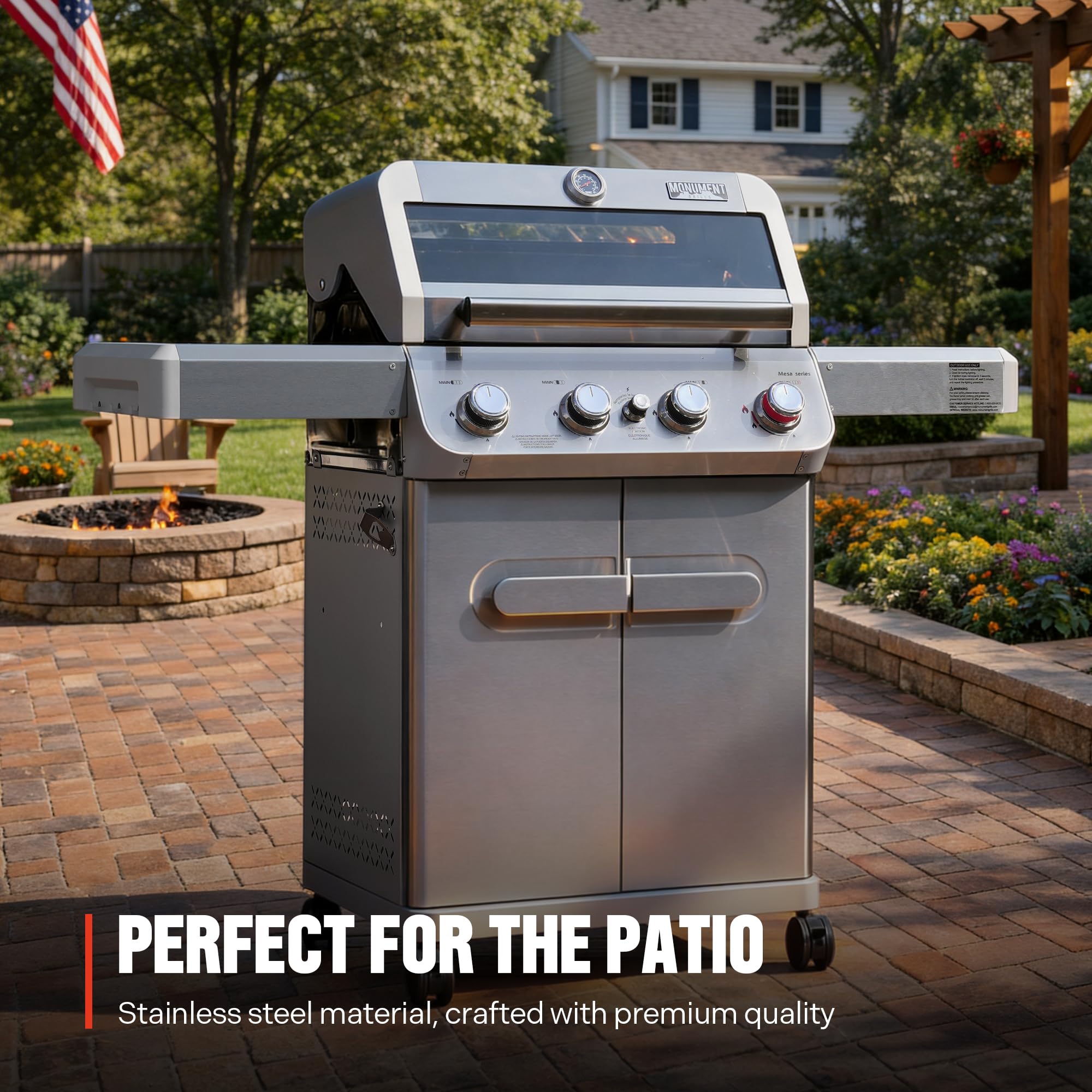 Condition photo showing New/Like New for monument grills 4 burner propane gas grill, stainless steel outdoor patio barbecue grill, with broil zone fast heating, knob control, and easy cleanup, m410mbz
