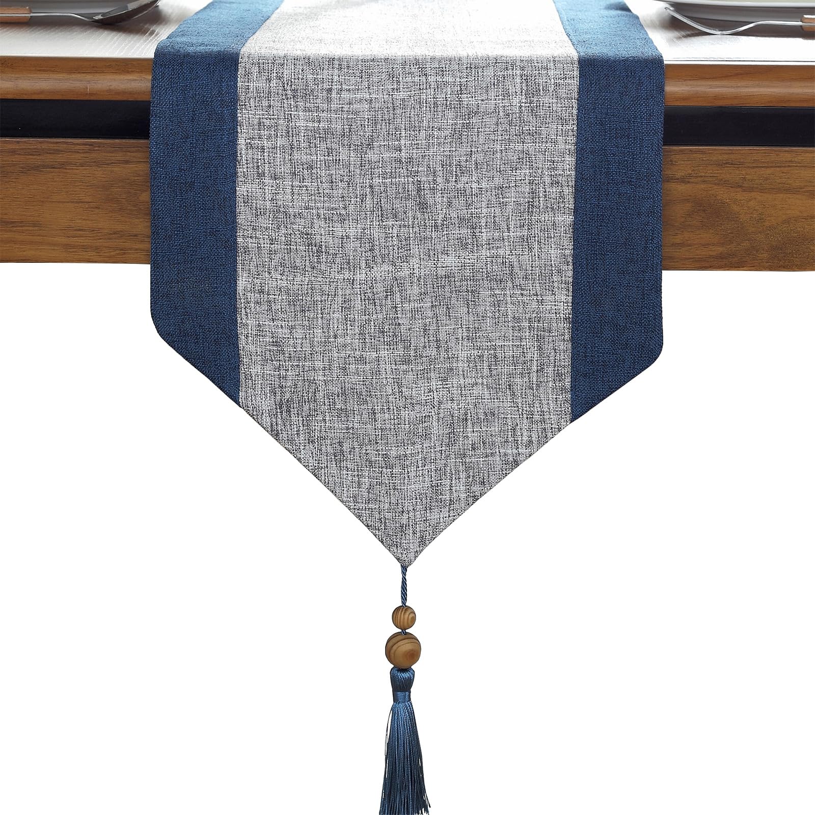 Linen Textured Table Runner, Two-Colors Rustic Farmhouse Table Runner with Tassel for Everyday Dining Wedding Party Holiday Home Decor, 13 x 98 Inch, Blue/Grey