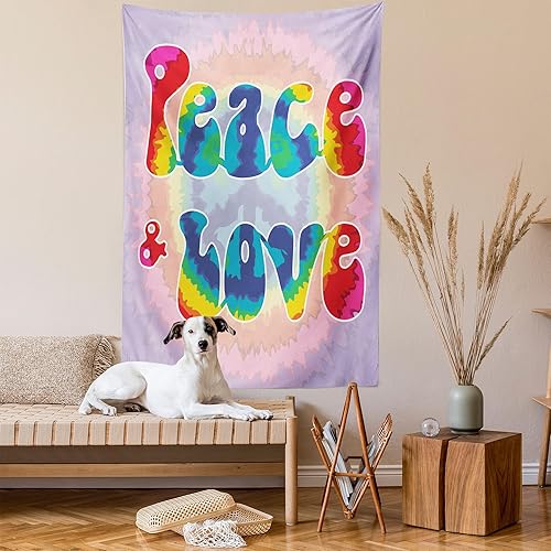 Miniatura 2 de Ambesonne Tapiz Groovy tamaño individual, texto de paz y amor en patrón de efecto de teñido anudado energético juvenil divertido hippie de los años