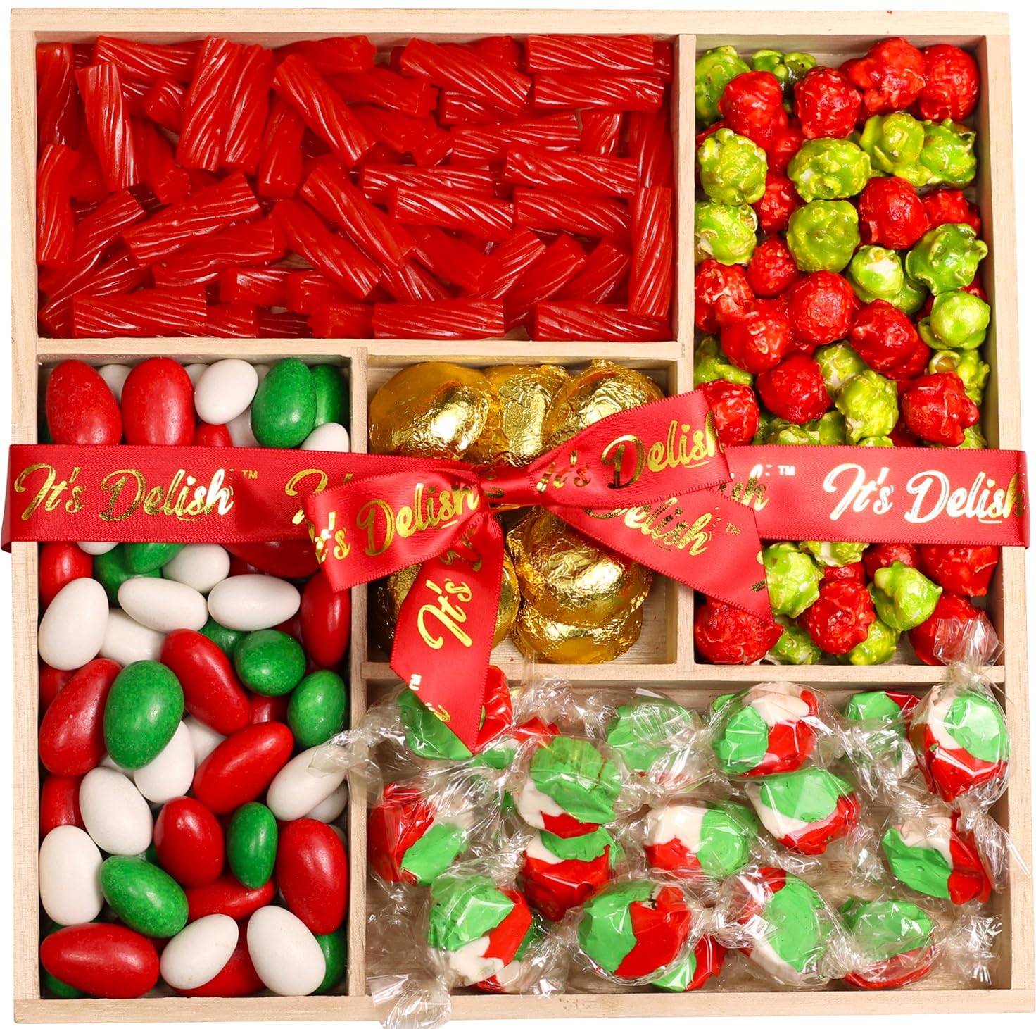 Christmas Candy Gift Tray - by It's Delish | Wood Platter with Holiday Treats and Candies for Gifts and Parties | Red Green White Peppermint Taffy, Popcorn, Jordan Almonds, Chocolate Creme, Licorice