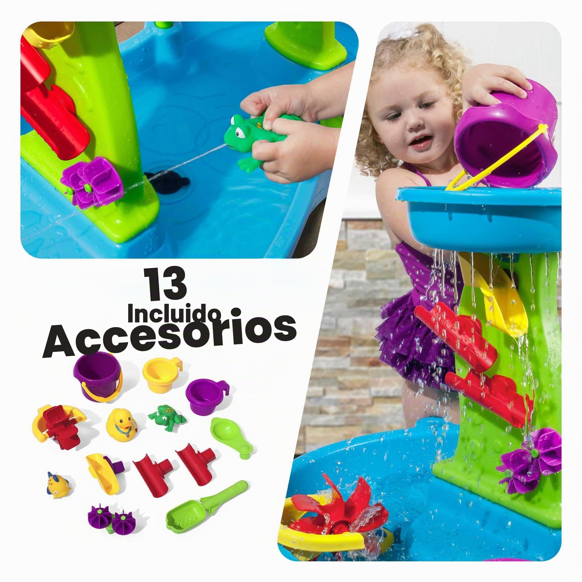 Step2 Rain Showers Mesa de Agua y Arena, Azul y Verde, 13 Accesorios, Juegos de Agua para Niños