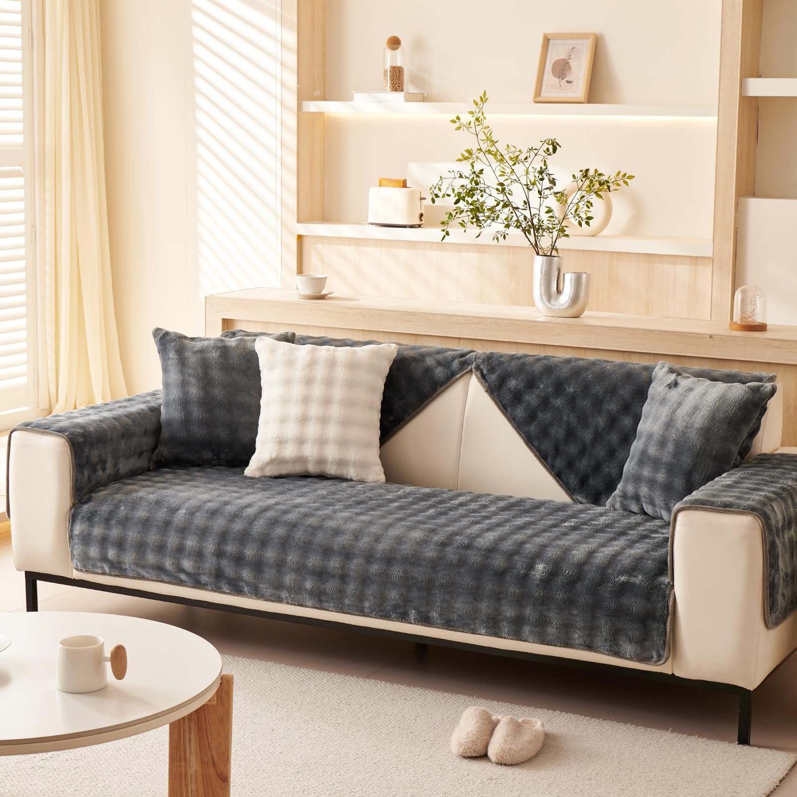 tianxinbaobei Velvet Couch Covers for Sofa Plush Sectional Sofa Covers Washable for Single Cushion Couch,Non-slip Chair Slipcover Sofa Covers for Pet Dog Furniture Protector(1PC,Dark Grey,35"x35") - Image 3