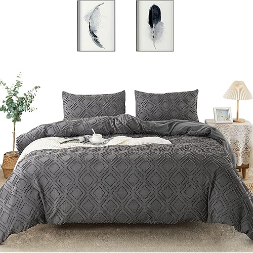 Lamourbear Jacquard & Tufted Geometric Grey Duvet Cover Queen Size Bedding Set, Soft, All Seasons, with Double-end Sliders Zipper Closure, 8 Ties, 3 Pieces (2 Pillowcase, 1 Duvet Cover), Q Dark Grey