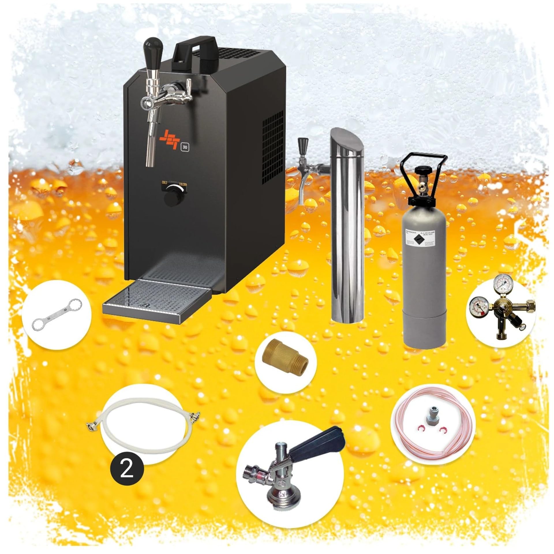 Sistema de tiro de cerveza Jet 30 bajo mostrador, enfriador en línea de 1 línea, enfriador seco, hasta 35 L/h, con columna, regulador CO2, botella 2 kg, juego de todo cabezal