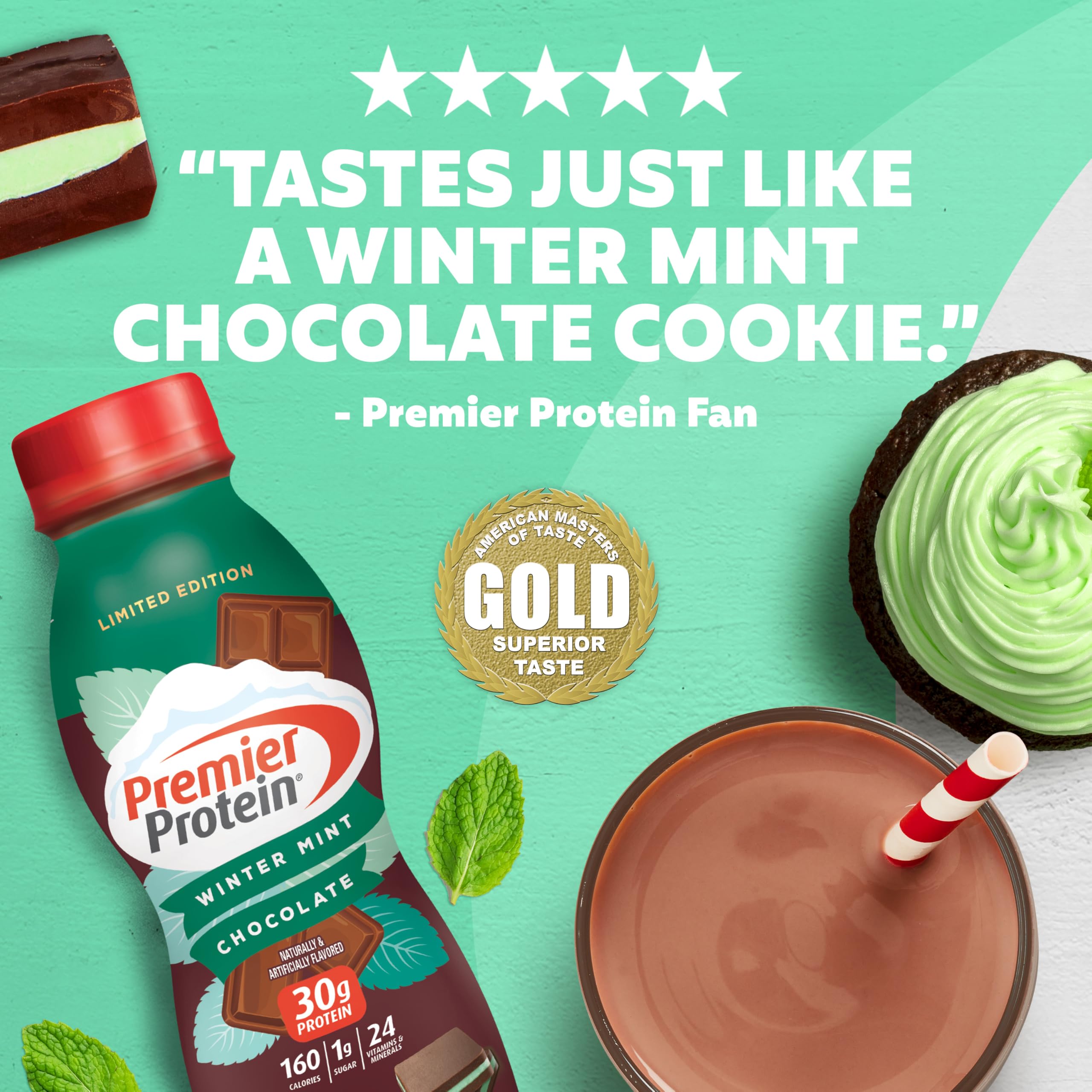 Premier Protein Shake, Chocolate Peanut Butter, 30g Protein, 1g Sugar, 24 Vitamins & Minerals, Nutrients to Support Immune Health, 11.5 Fl Oz, 12 Count: Winter Mint Chocolate 11.5 Fl Oz (Pack of 12)