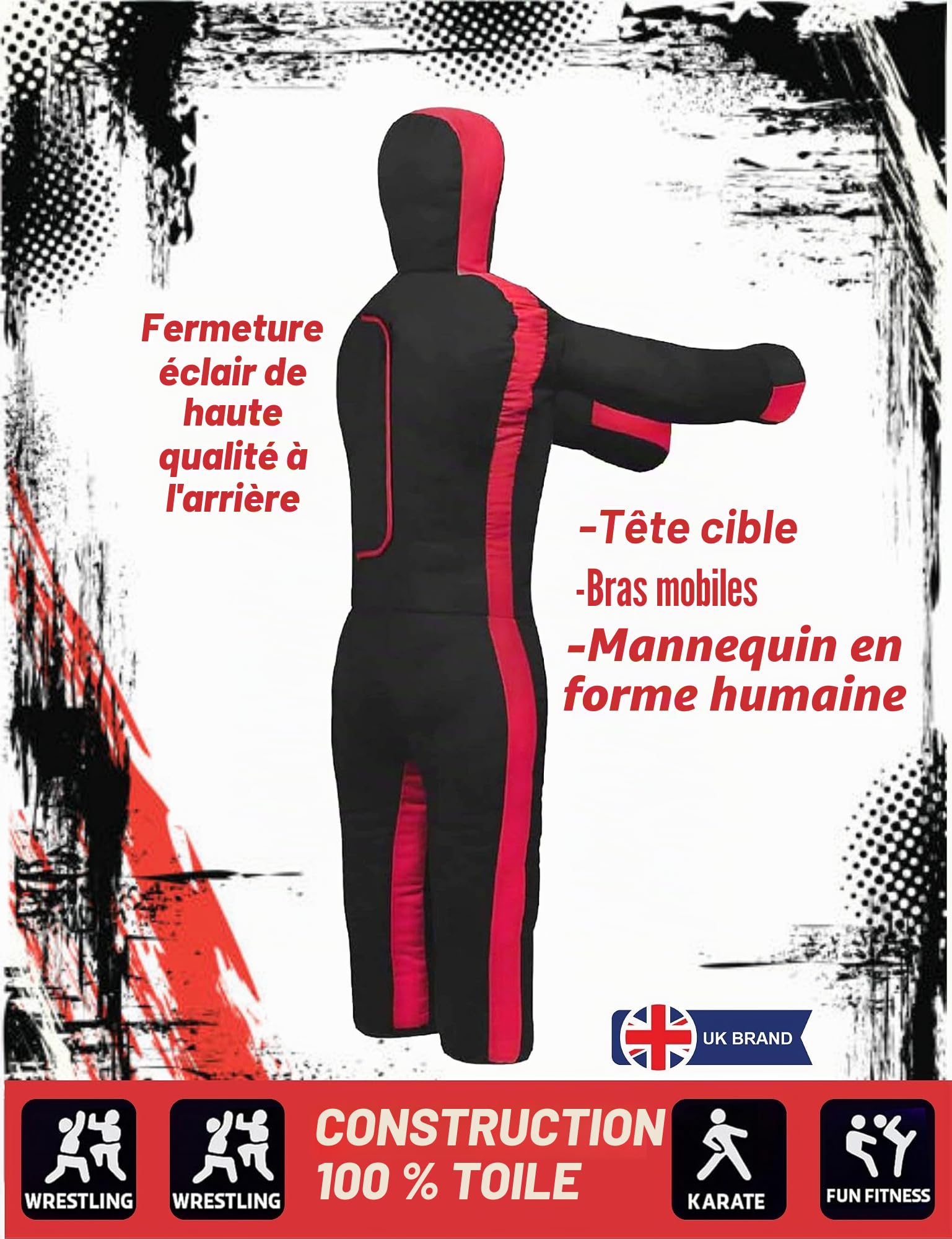 Mannequin MMA Judo Grappling Sac de frappe (vide) Brésilien BJJ, JIU Jitsu Position debout, lutte, arts martiaux, boxe, karaté (noir/rouge, 119,4 cm)