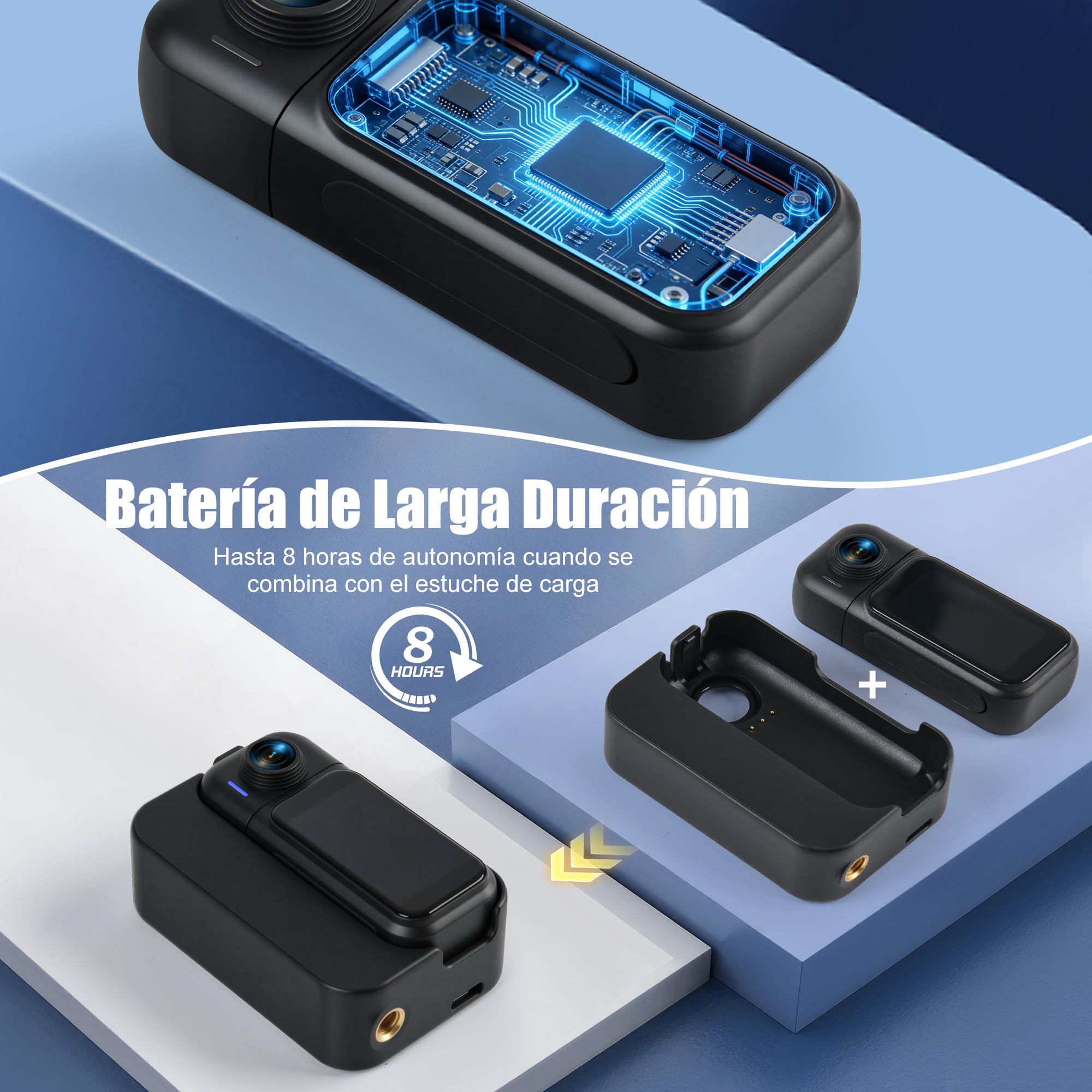 Cámara de Acción 360°con Pantalla Visible, 8h Batería y 30M Impermeable – 120° Gran Angular, WiFi, POV Cámara Body de 64GB, Montaje Magnético y 10+ Accesorios para Viajes, Deportes