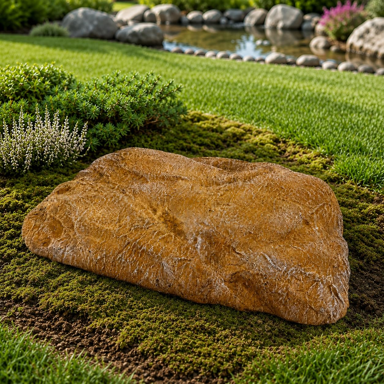 View 1 of ***DAMAGED - SEE NOTES/PICTURES*** Fenloyce Low Profile Faux Rock Cover 30" W x 20" L x 3" H, Flat Fiberglass Landscape Rock for Well Caps, Septic Lids & Utility Concealment, Realistic Natural Texture, Natural Sandstone Brown