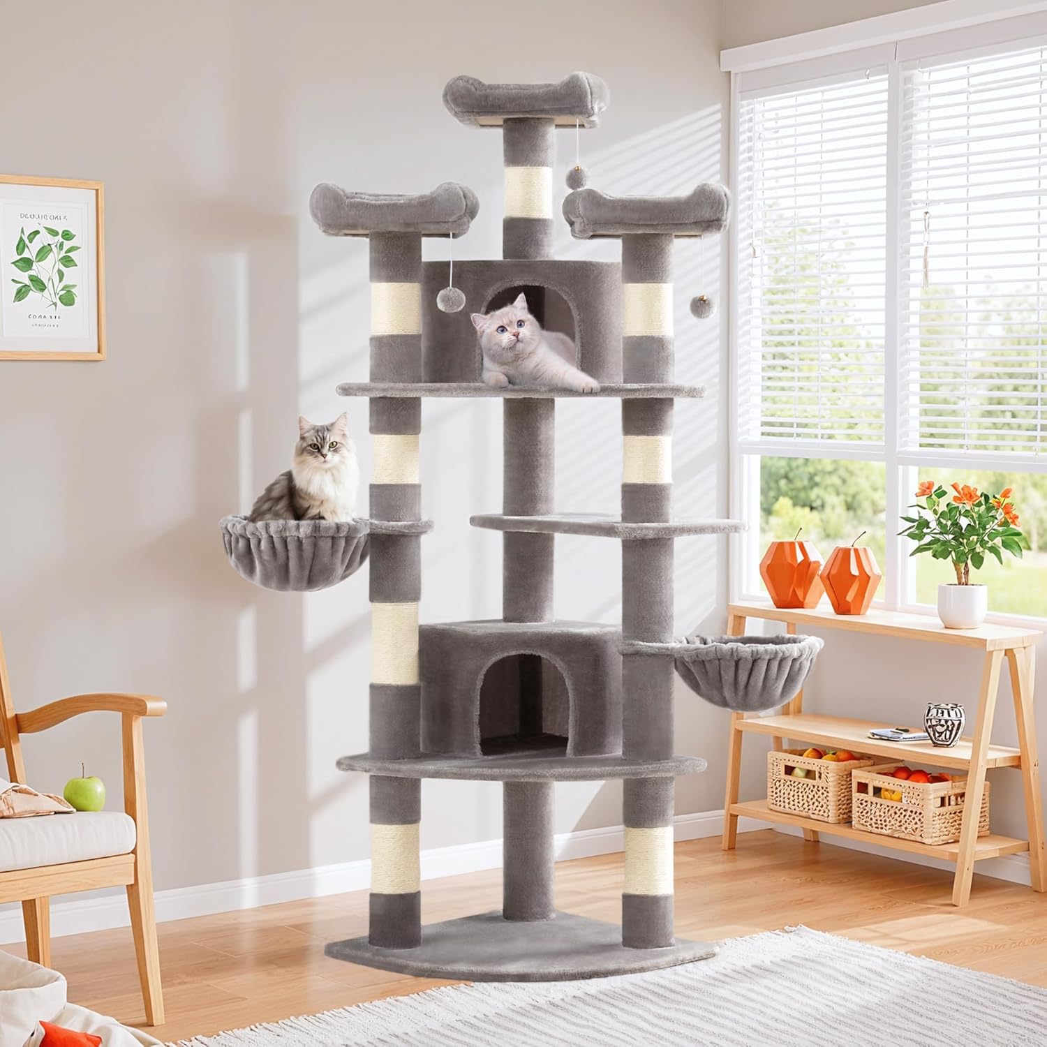 SHA CERLIN 73" Space-Saving Cat Tree/Multi-Level Tall Cat Tower with Perches/Scratching Posts/Condo & Hanging Baskets/Modern Fan-Shaped Design for Indoor Kitties/Pet Activity House/Grey