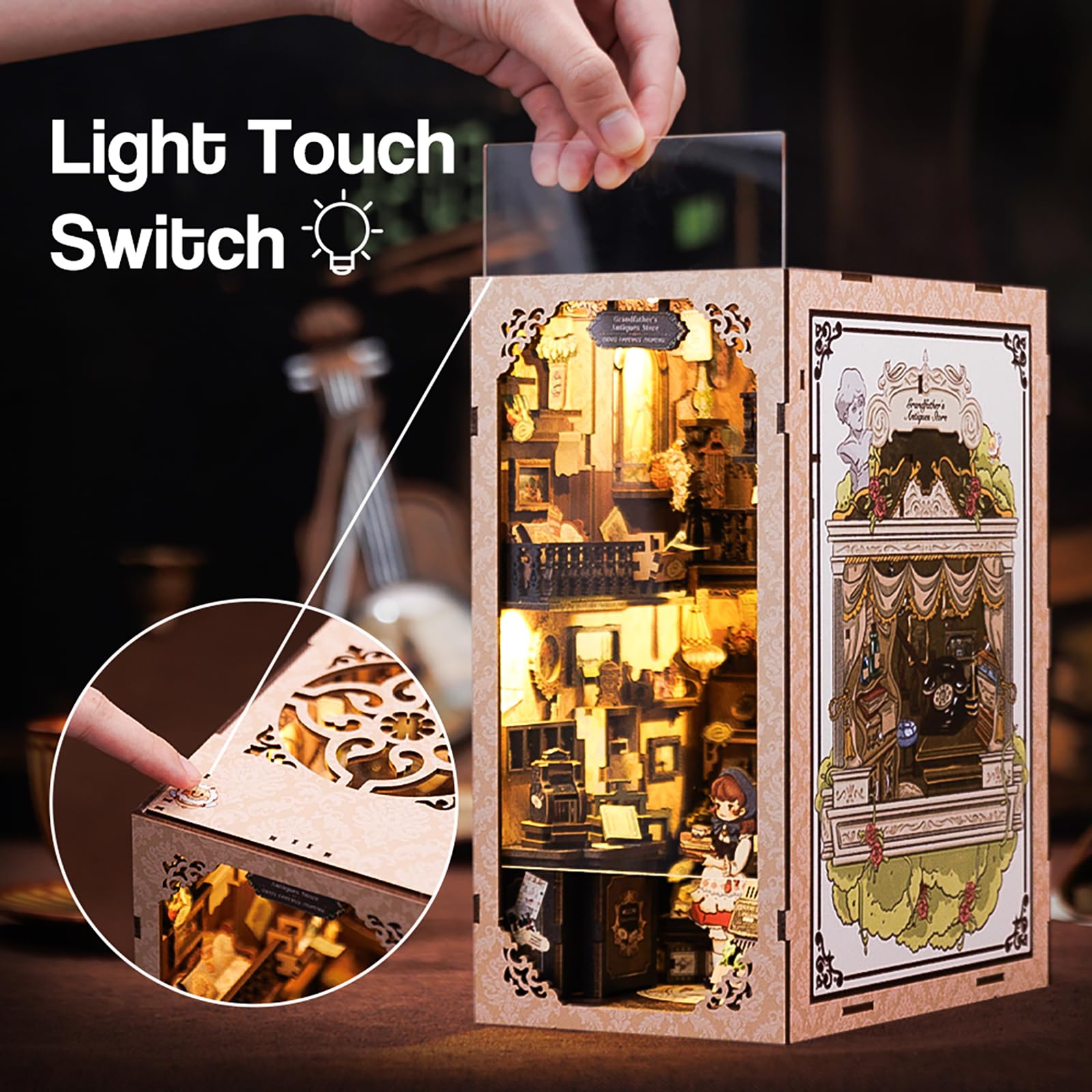 Cutefun DIY Book Nook Kit, Case delle bambole, Reggilibri Scaffale Inserto Decorazione con fogli di polvere plug-able e luce LED,Kit di Costruzione di Modellini in Legno per Casa delle Bambole(DC01B)