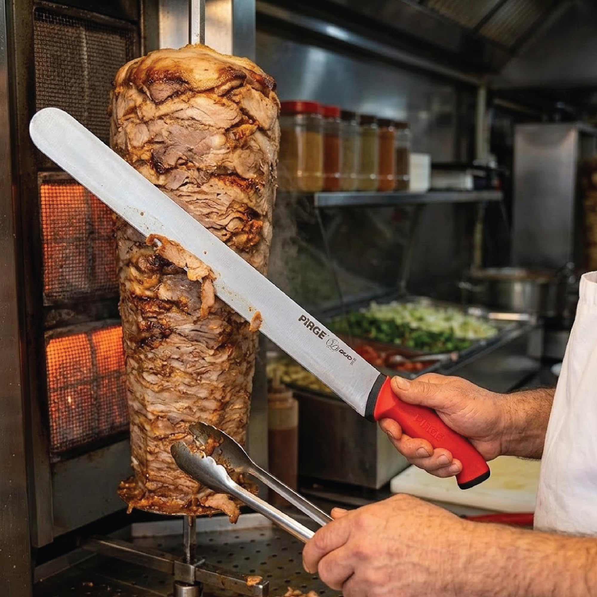 Pirge Duo Red Doner nóż do kebaba, 55 cm, długie ostrze ze stali nierdzewnej do krojenia mięsa i grillowania, profesjonalna jakość szefa kuchni, ergonomiczny uchwyt