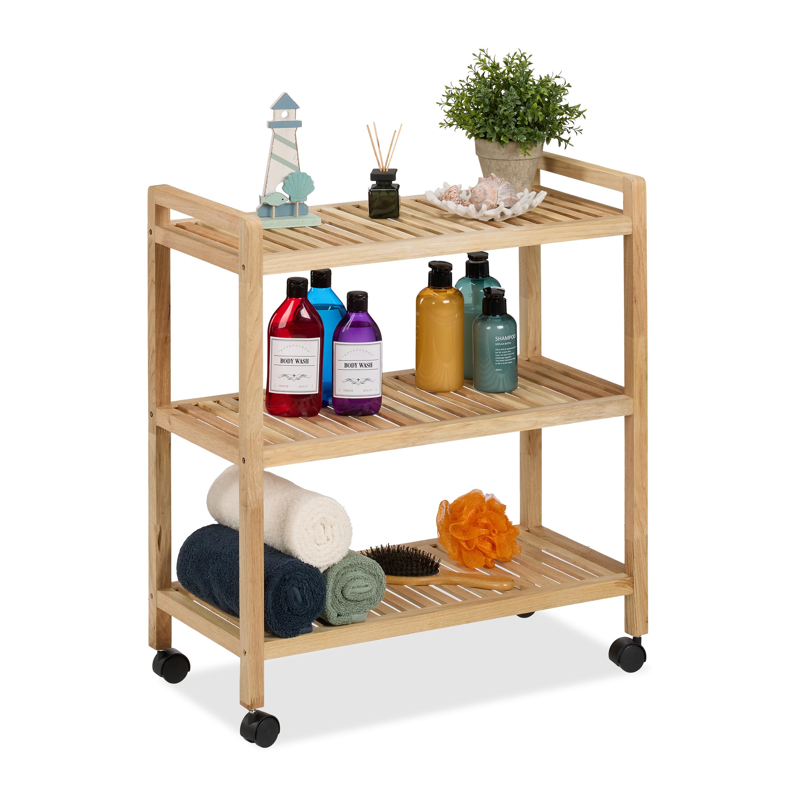 Relaxdays Mobile da Bagno con 3 Ripiani, Mobiletto su Ruote, Scaffale in Legno da Cucina, 72x65x31 cm, Marrone Chiaro