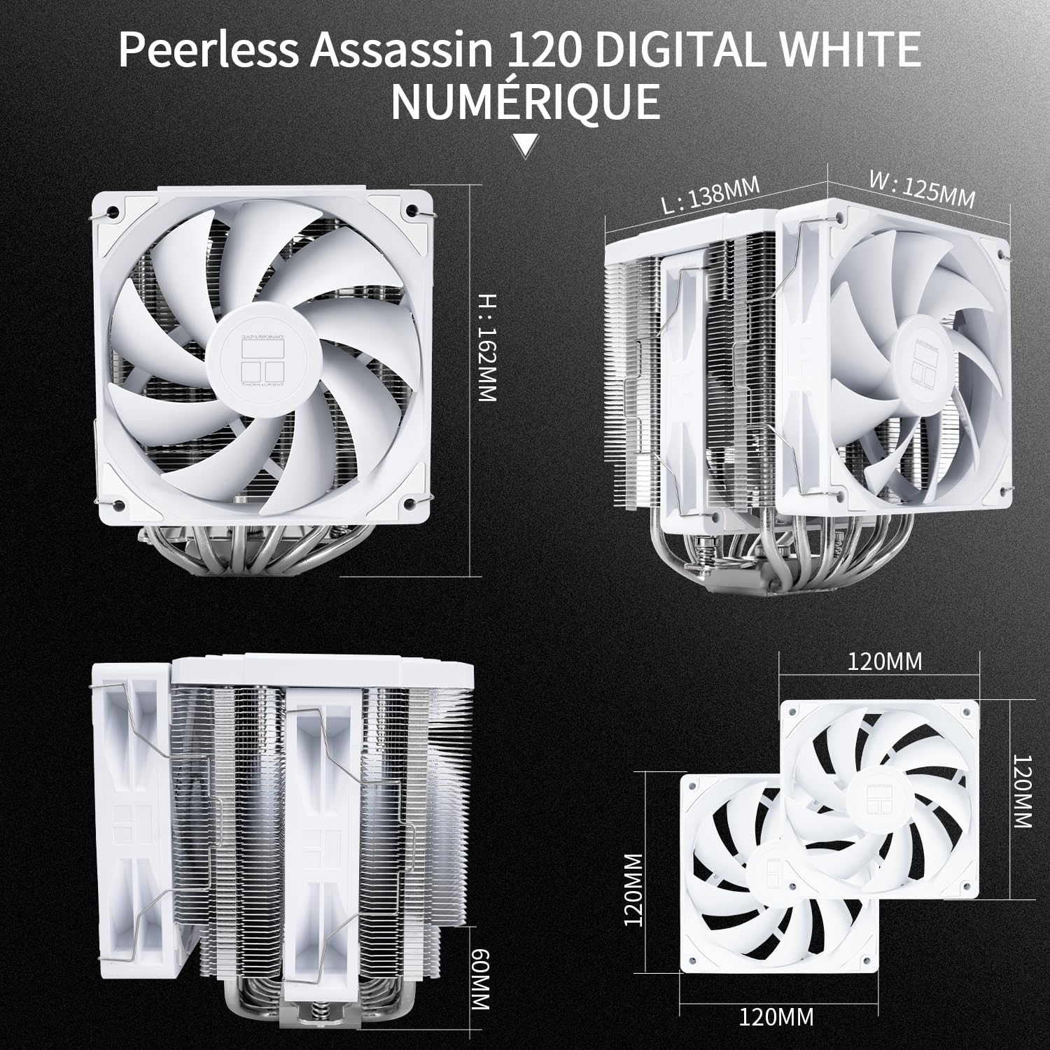 TR Peerless Assassin 120 Digital White, doble ventilador PWM de 120 mm con velocidad de 1850 rpm, soporte Intel lga1700 / 1851 / 115X / 1200, AM: AM4/AM5,