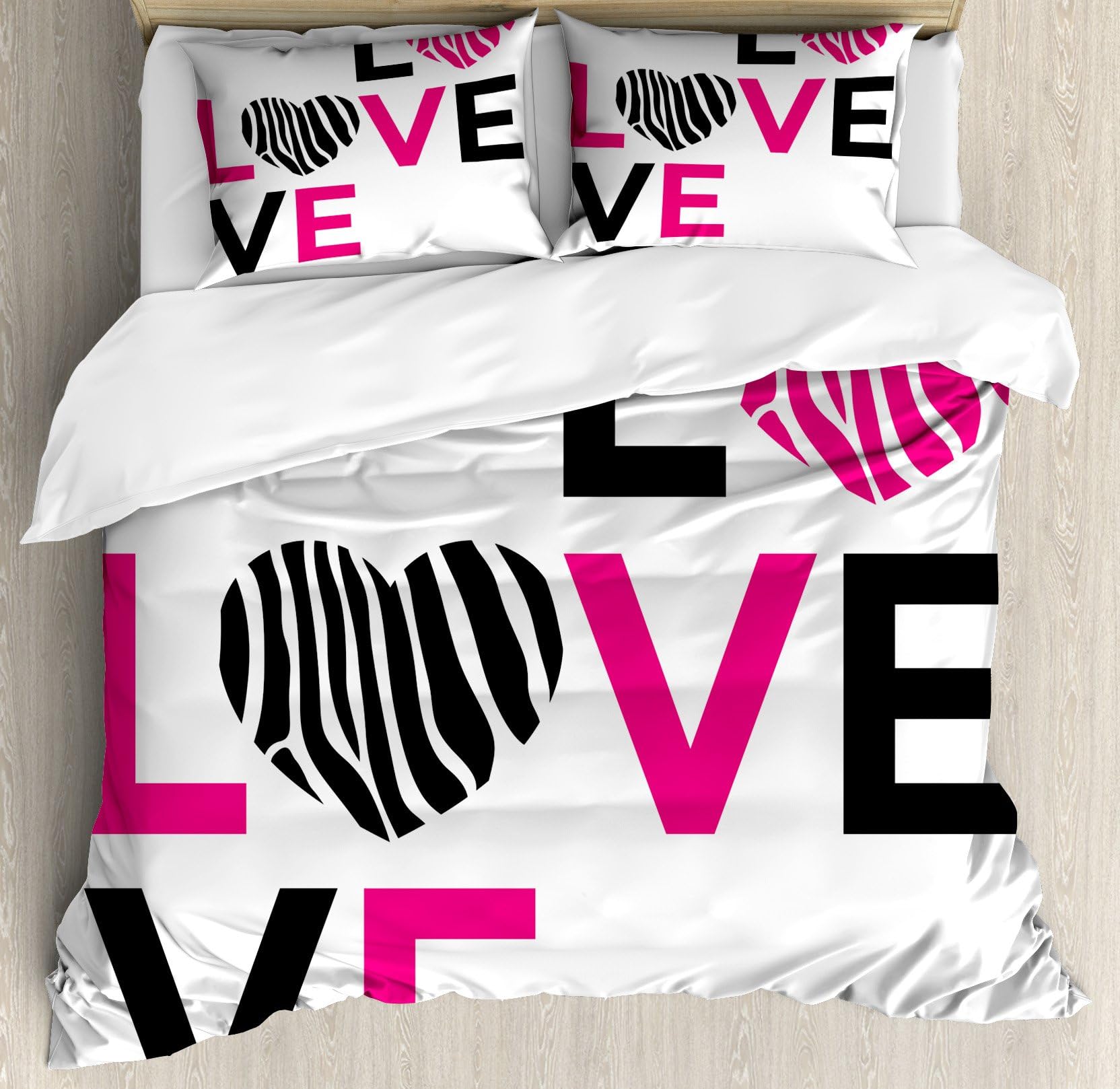 Pink Zebra Queen Size Duvet Cover Set by Ambesonne, I Love You Calligraphy Zebra Stripes Hearts Valentines Illustration, Decorative 3 Piece Bedding Set with 2 Pillow Shams, Pink Black and White