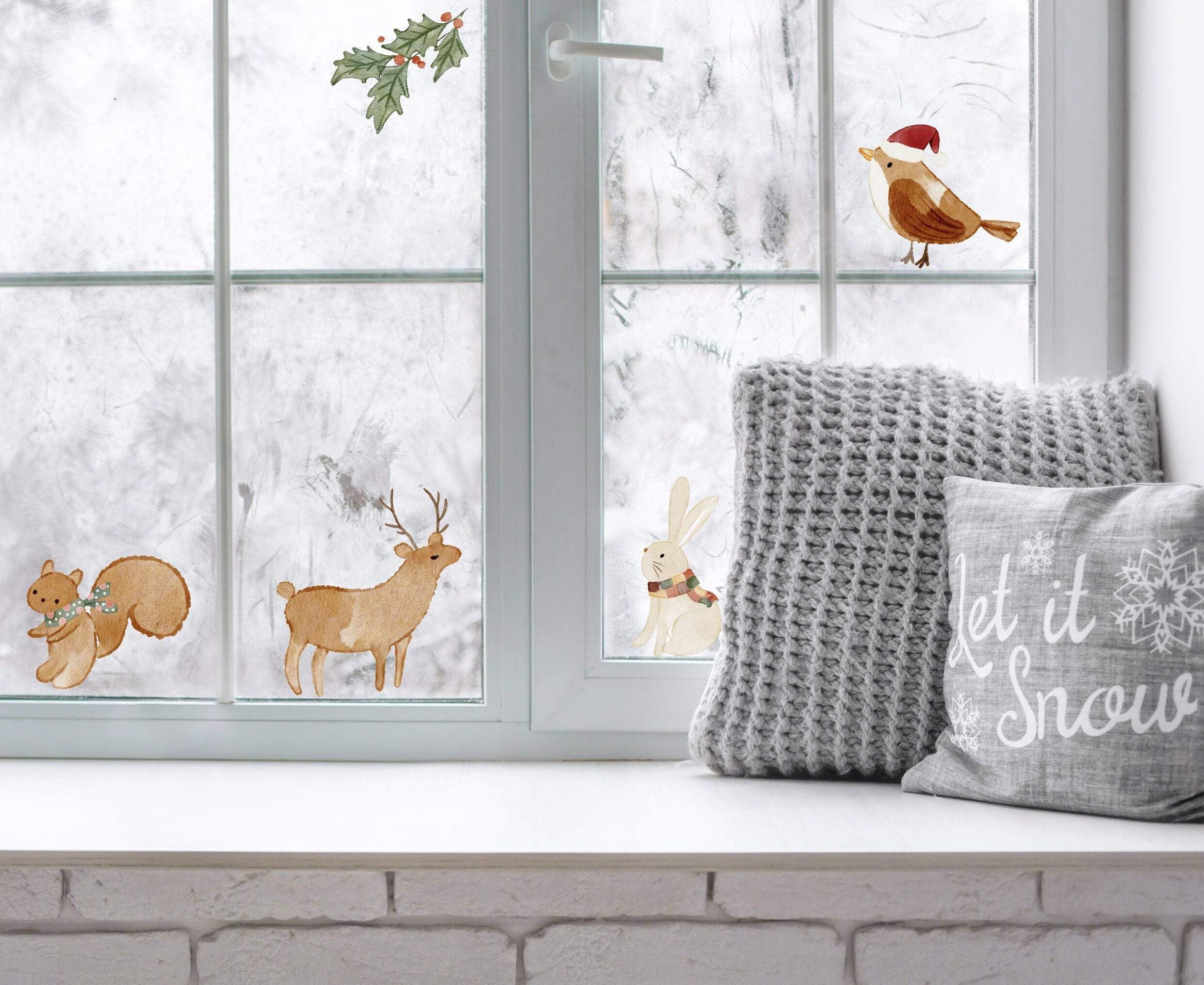 Quotemywall Red, Green Watercolour Woodland Animals Christmas Window Stickers