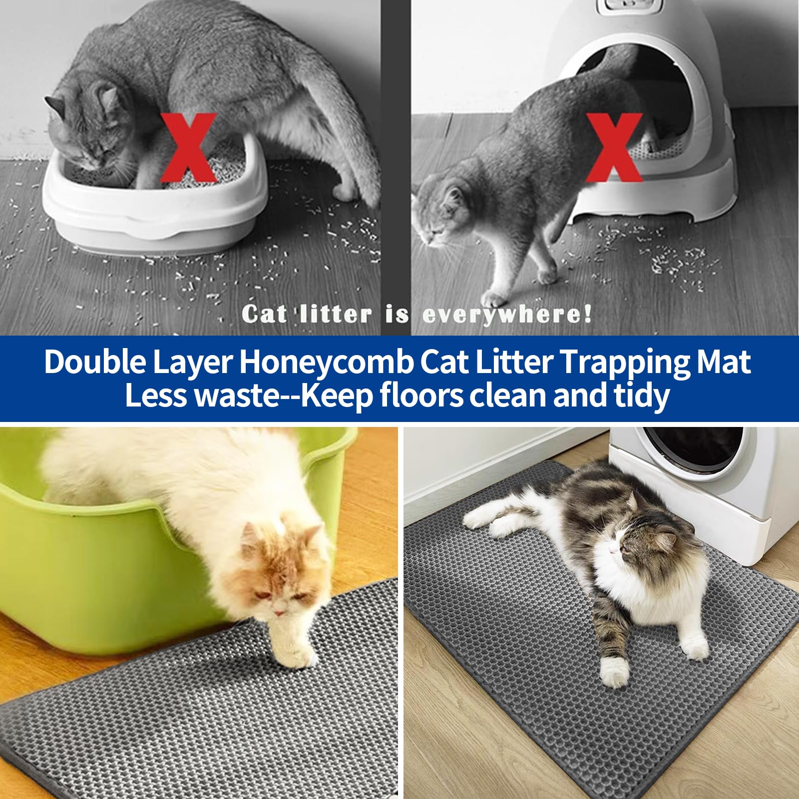 Katzenstreu Matte XXL, Katzenklo Matte Doppelte Schichte Katzenstreumatte 90x60 cm EVA Katzenmatte mit Klettverschluss Waben Grau Katzenklo Unterlage