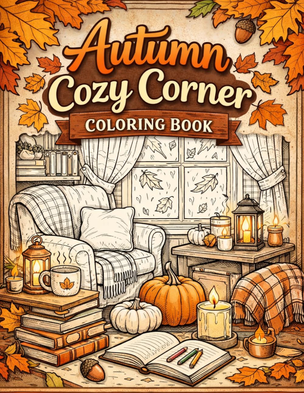 Autumn Cozy Corner Coloring Book: Relaxing Fall Coloring Pages Featuring Cozy Reading Nooks, Warm Drinks, Pumpkins, Candles and Hygge Home Corners for Adults and Teens