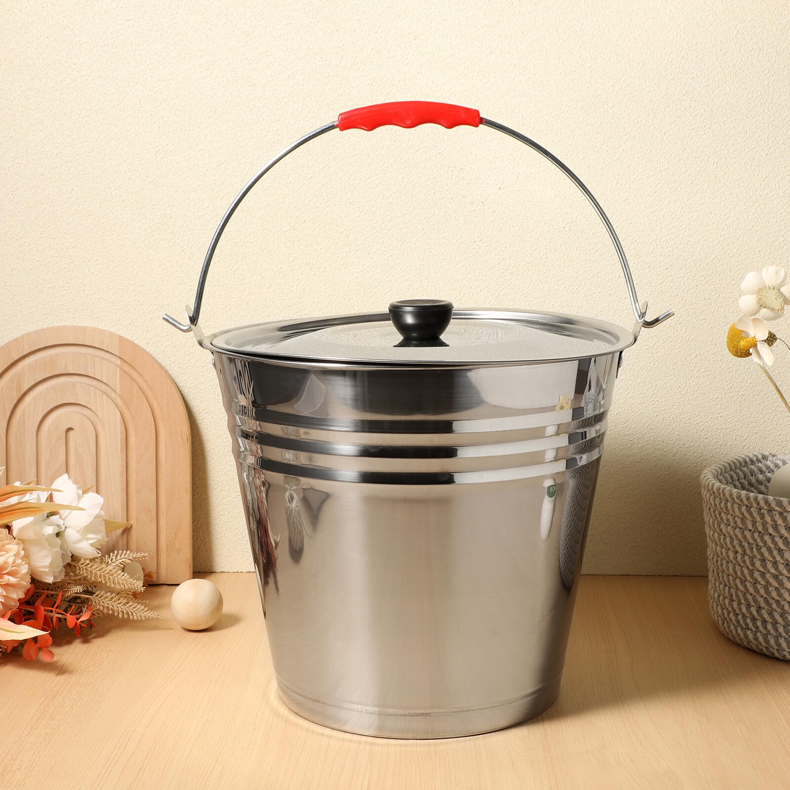 SHINEOFI Secchio Raccoglicenere in Acciaio Inox 8l con Coperchio | Argento, Uso Cucina e Outdoor, Multifunzione e Leggero, Trasporto Sicuro