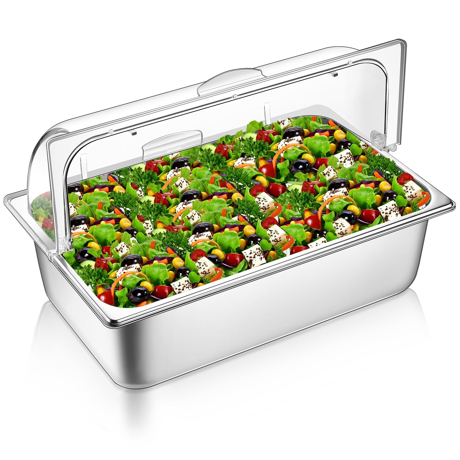 Ziliny Countertop Food Serving Display Container and Clear Roll Top Cover Stainless Steel Food Serving Tray Buffet Condiment Dispenser Display Rack for Restaurant Hotel Kitchen Party (1 Pan)