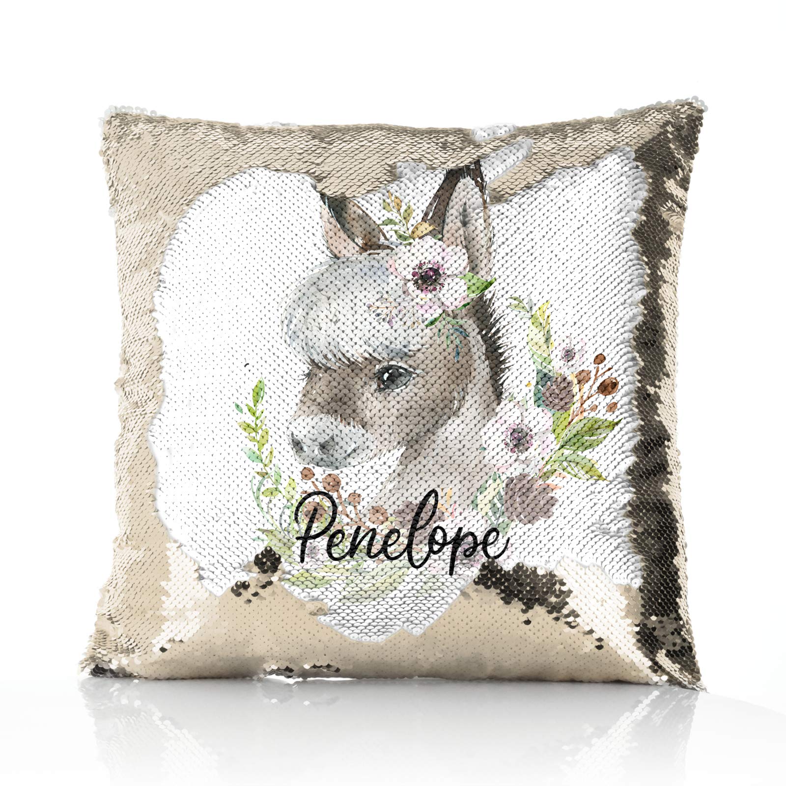 Hairyworm Personalised Cushion, Champagne, Silver, Blue, Red or Gold Squin Flip Square Cushion Customised with Initial/Name/Text, Donkey Pink Flowers Design, Square Pillow