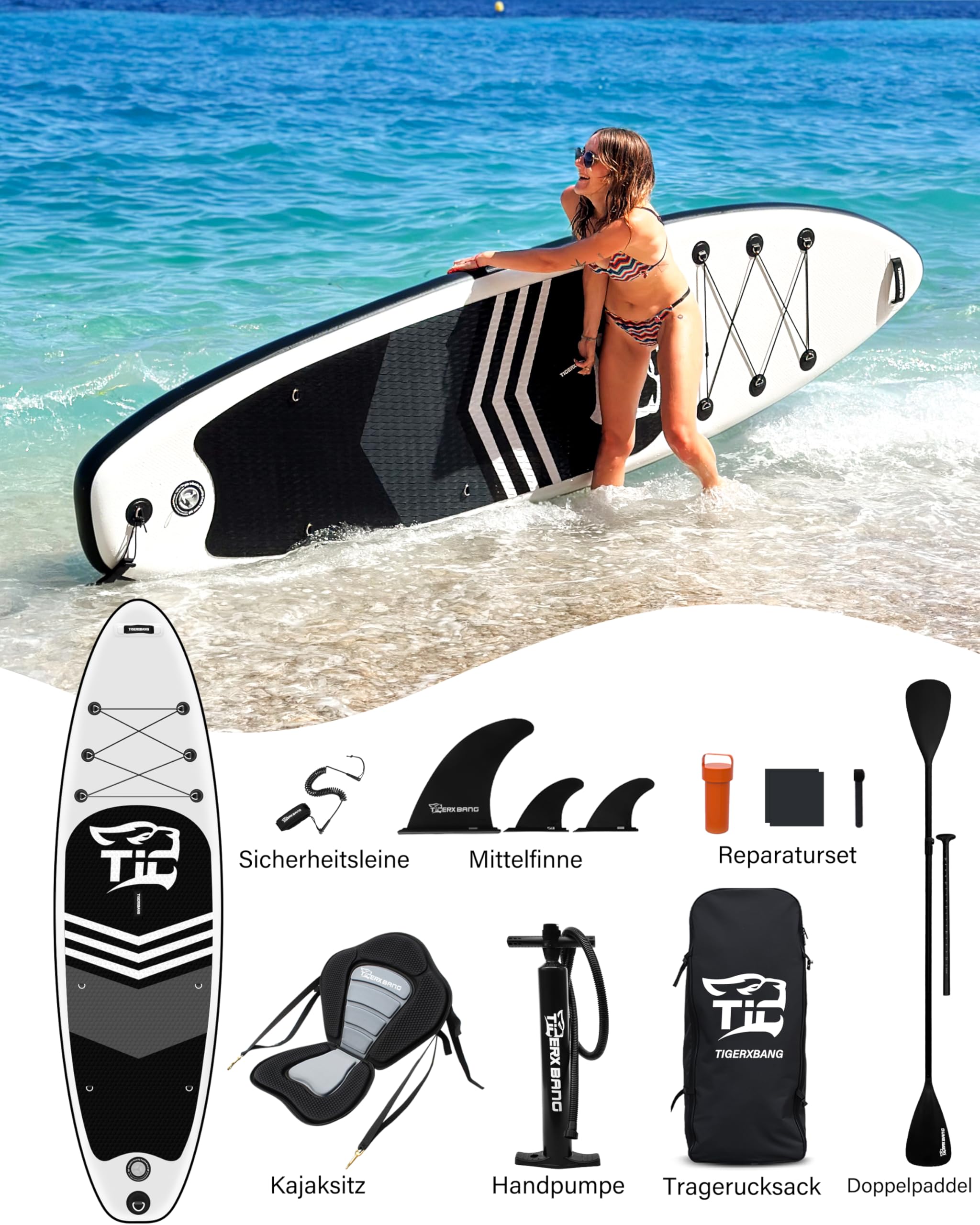 TIGERXBANG Stand Up Paddle Board aufblasbar für Erwachsene und Jugendliche, 320×82×15 cm Allround SUP mit Kajaksitz, verstellbarem Doppelpaddel, Sicherheitsleine und Rucksack