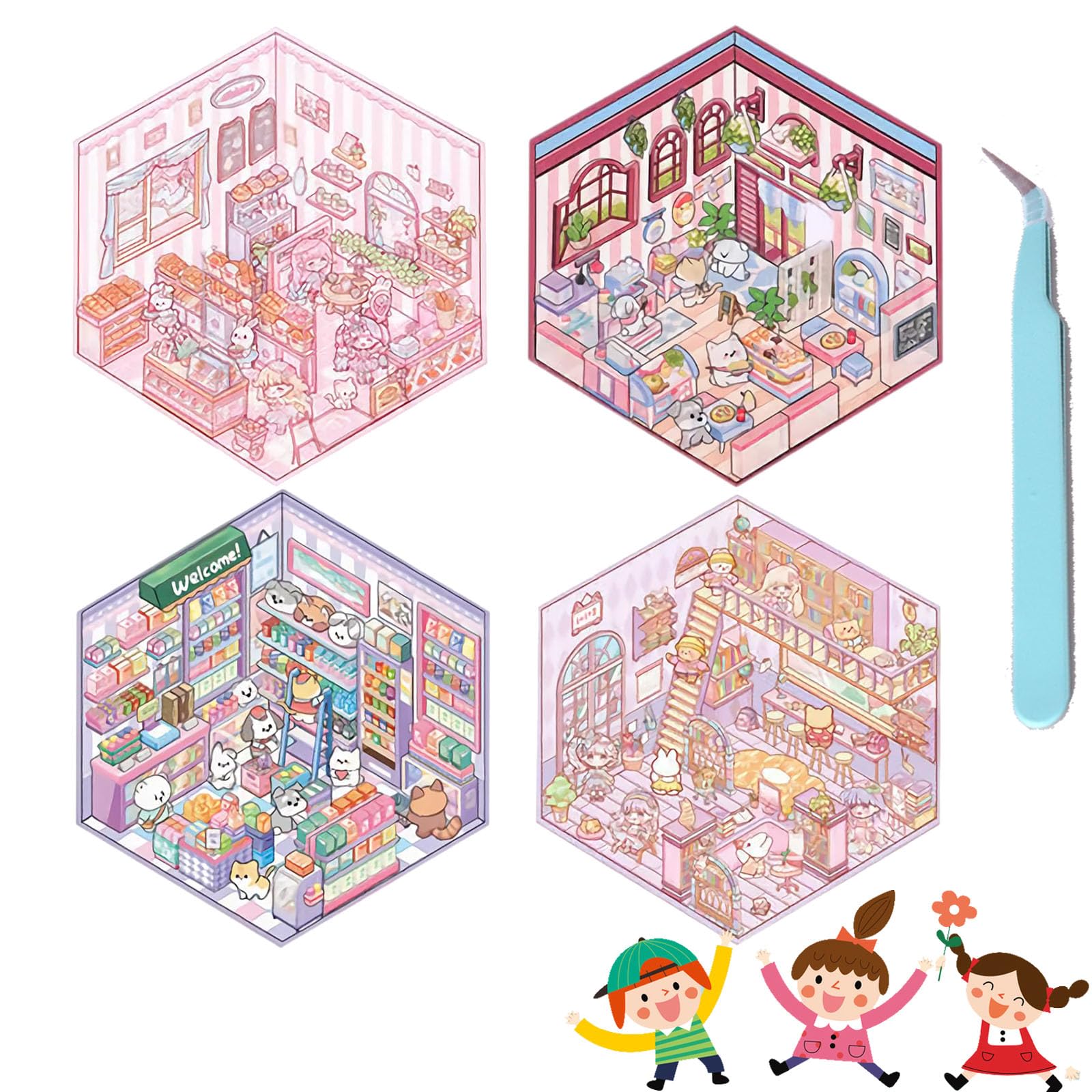 Set 8 Adesivi 3D Fai Da Te Per Casa – Scene Cartoon Con Caffetteria, Supermercato, Libreria E Pinzette Incluse - 3