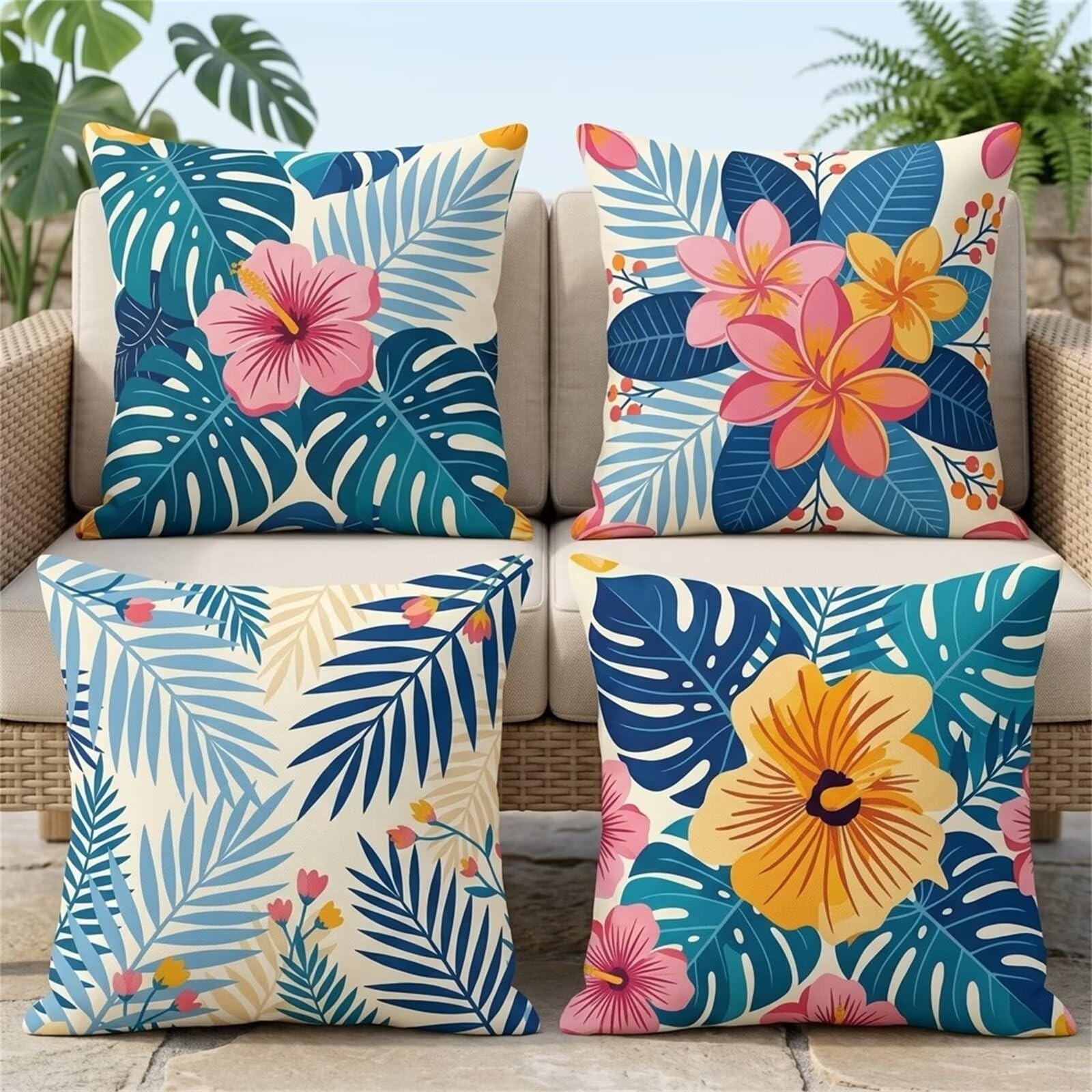 QiHon Cushion Covers 30x30 cm Set of 4 Tropical Leaves Flowers Linen Square Pillow Cases 12x12 inch Modern Decorative Throw Pillow Covers for Sofa Couch Bedroom Home Office with Invisible Zipper