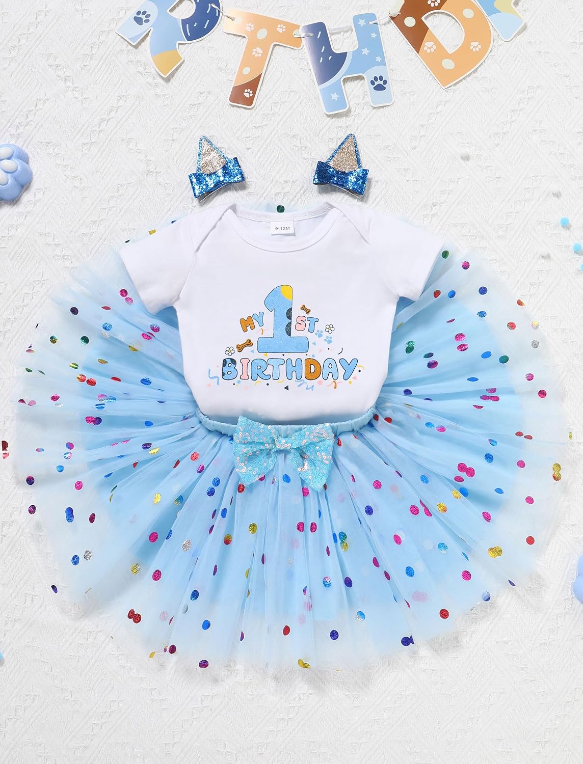 IMEKIS Baby Girl Half 1st 2nd Birthday Outfit Romper Confetti Tutu Skirt Dog Ears Hair Clips Cake Smash Photo Shoot