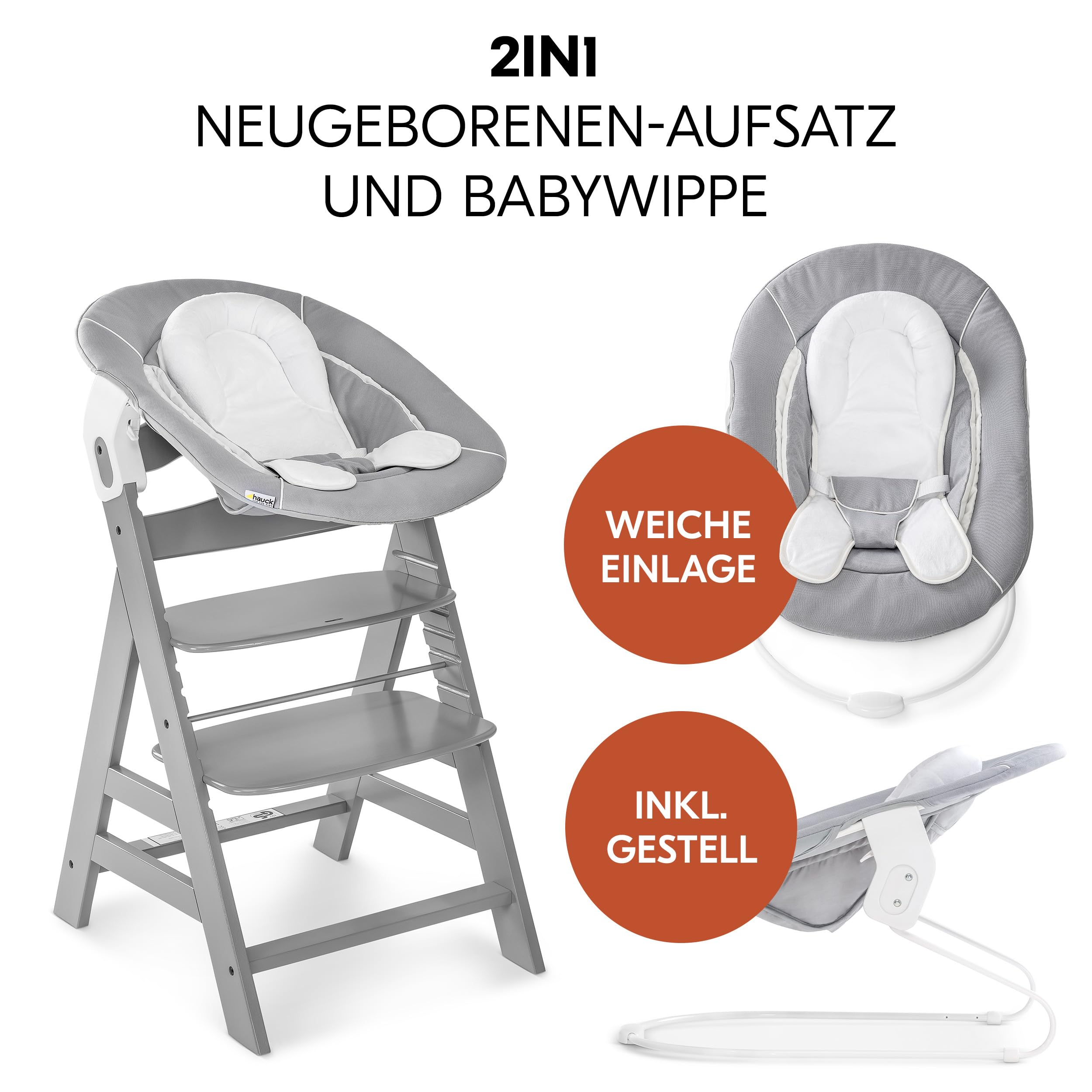 hauck Alpha+ Hochstuhl Newborn Set mit 2in1 Bouncer - Grau | Mitwachsender Holz Kinderhochstuhl ab Geburt bis 90 kg | inkl. Neugeborenenaufsatz & Sitzkissen