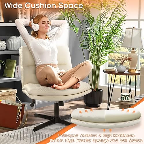 Miniatura 3 de PUKAMI Silla de oficina con patas cruzadas, silla de escritorio de oficina sin brazos, sin ruedas, silla de tocador moderna giratoria de piel